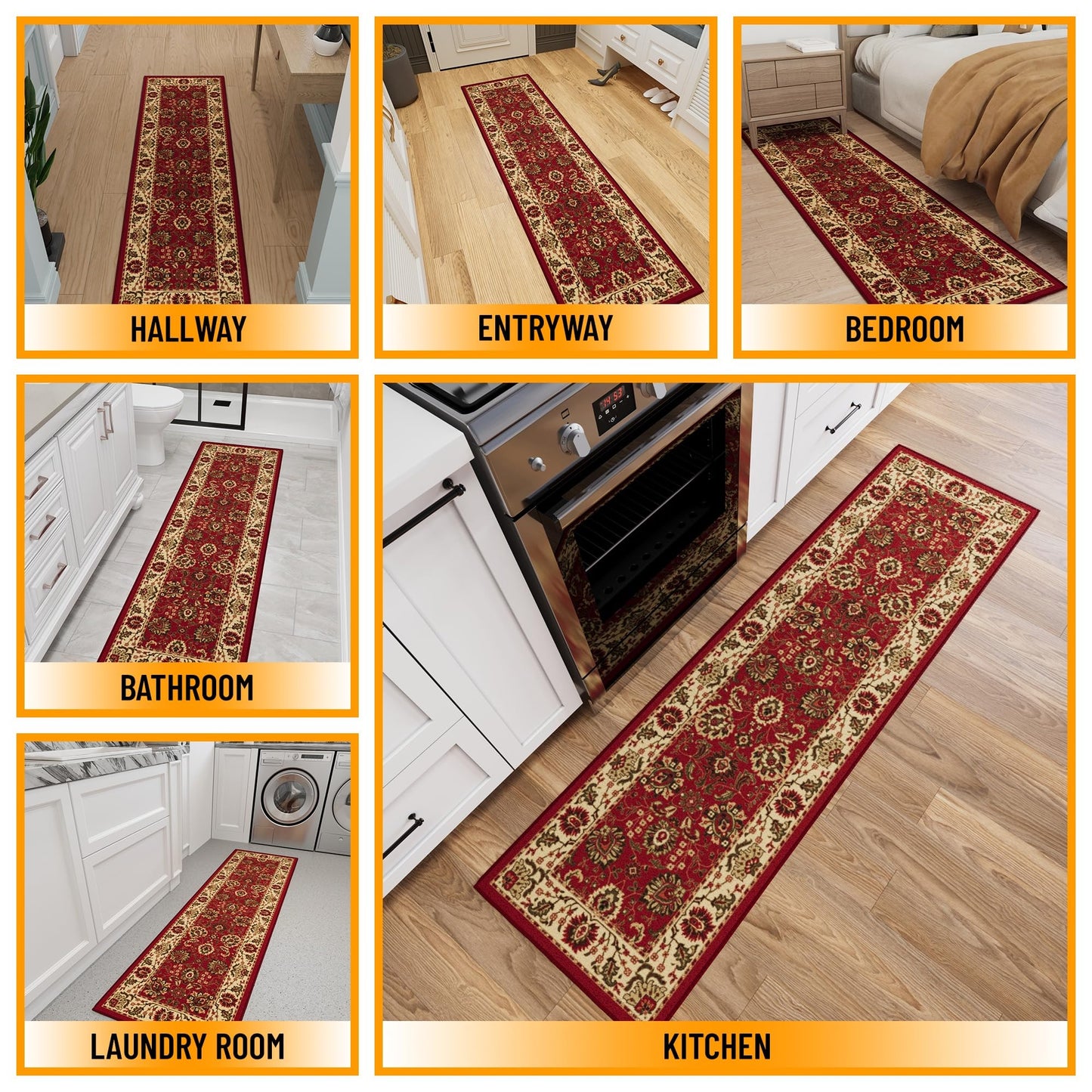 Ottomanson Hallway Runner Rug 1'10" x 6' Non Slip Oriental Area Rugs Easy to Clean Laundry Rug Runner Durable & Pet Friendly Floor Carpet Runners for Hallways Entryway Living Room Kitchen, Red