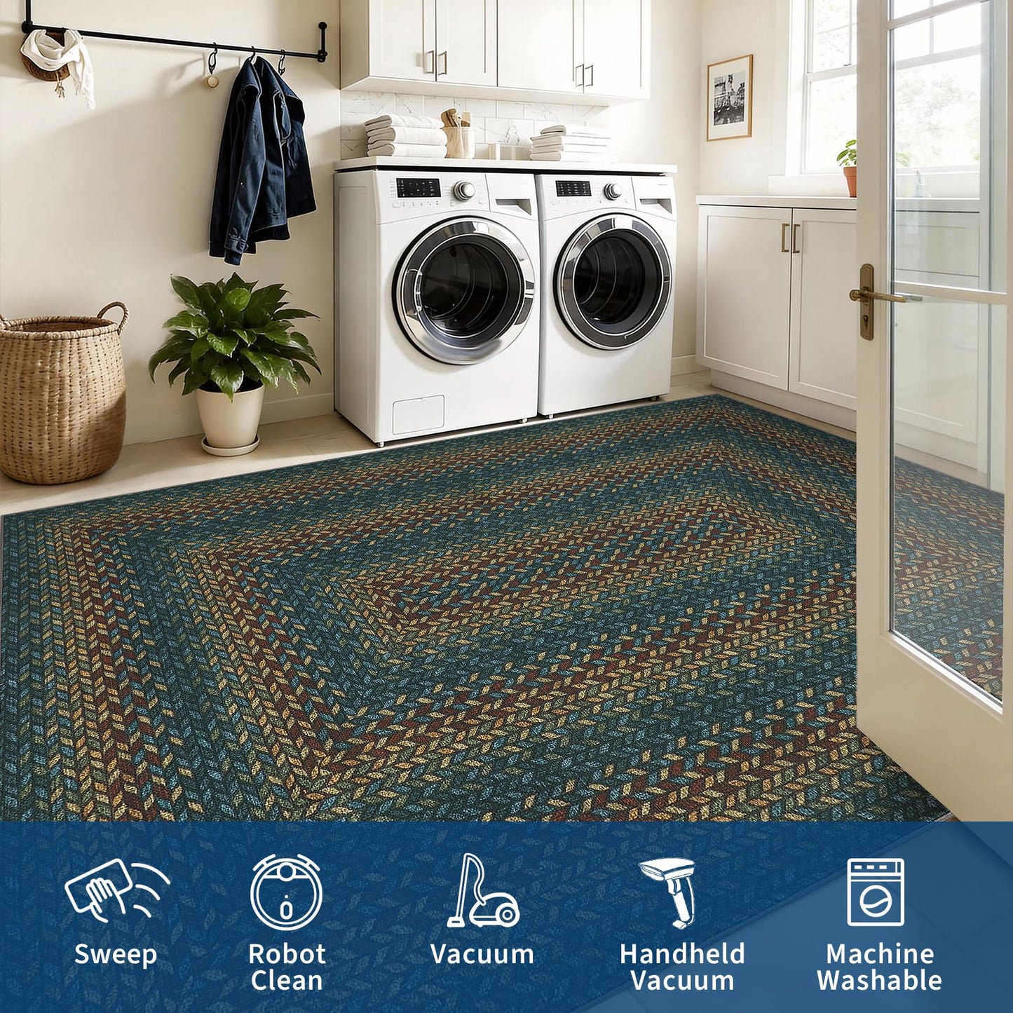 Braided 5x7 Rugs for Living Room Washable Easy Jute Outdoor Patio Rug Non Slip Stain Resistant Modern Bordered Bedroom Throw Carpet Indoor Outdoor Low Pile Area Rugs for Porch Kitchen, Navy/Rust