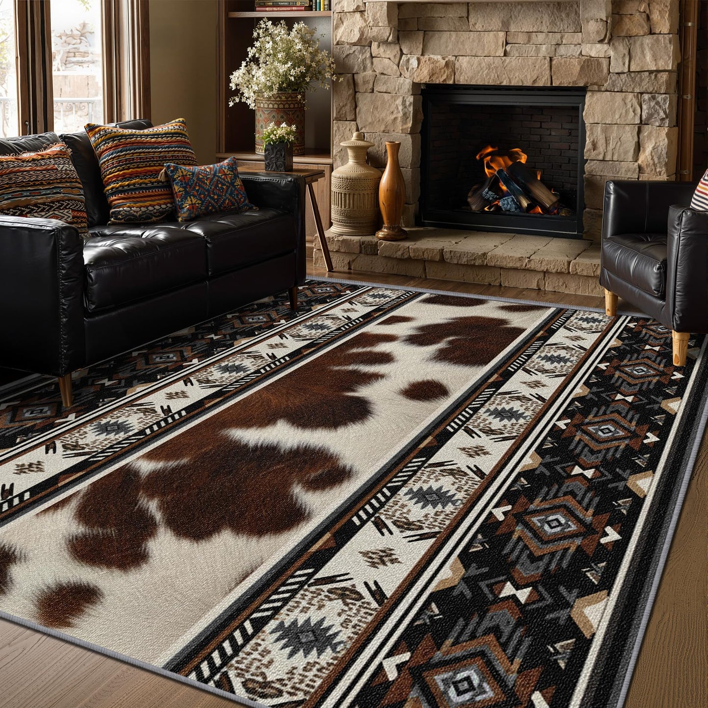 SherAvant Western Rug - 4x6 Rug, Cowhide Aztec Cabin Rustic Area Rugs, Native American Low Pile Stain Resistant Floor Carpets House Decor (Grey/Brown/Black)