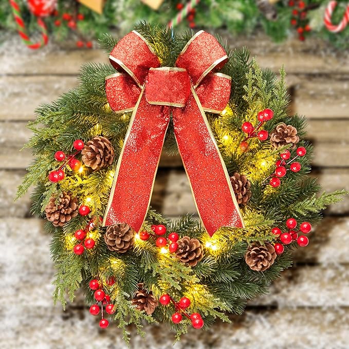 Christmas Wreath 16 Inches, with Metal Hanger, Pre-Lit Artificial Christmas Front Door Wreath Battery Operated with 40 LED Lights Christmas Decorations