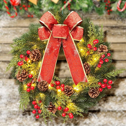 Christmas Wreath 16 Inches, with Metal Hanger, Pre-Lit Artificial Christmas Front Door Wreath Battery Operated with 40 LED Lights Christmas Decorations