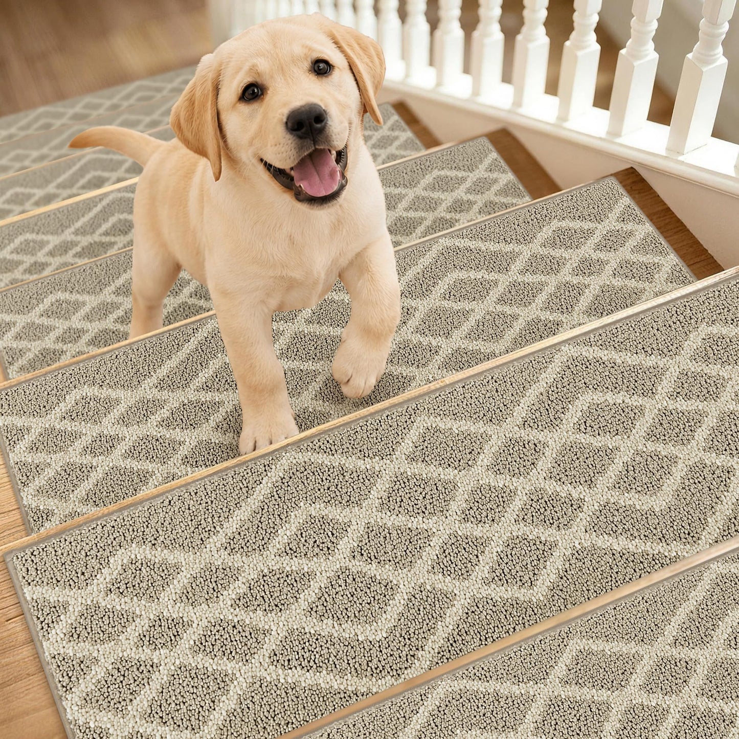 COSY HOMEER Soft Stair Treads 15pcs Non-Slip Carpet Mat 28inX9in Indoor Stair Runners for Wooden Steps,Stair Rugs for Kids and Dogs, 100% Polyester TPE Backing Beige,Rhombus