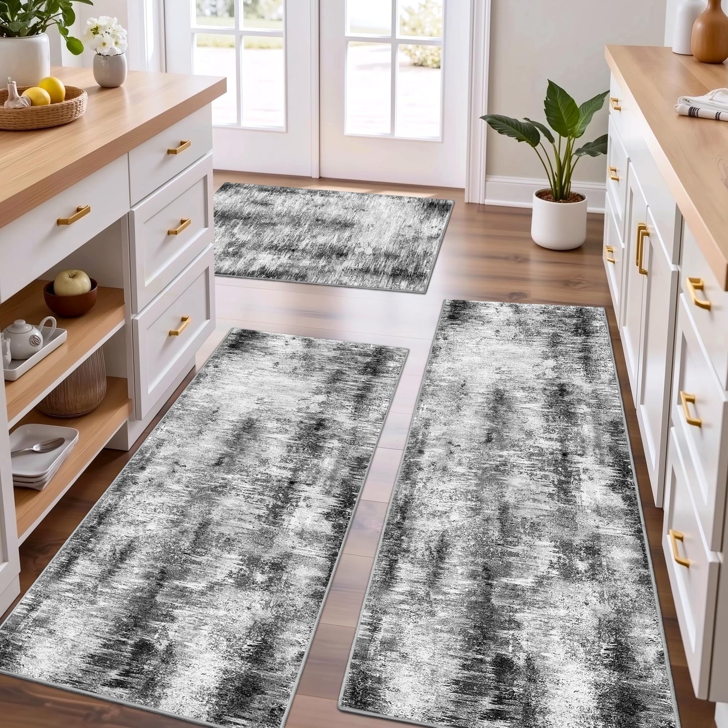 Tritard Upgrade Non Slip Kitchen Rugs Sets of 3 Washable Kitchen Mats for Floor Abstract Kitchen Runner Rug Ultra Soft Floor Mat Set Kitchen Carpet Rugs for Hallway, Laundry, Entryway, Office, Grey