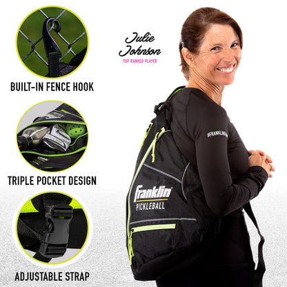 Franklin Sports Pickleball Bags - Pickleball Sling Bag Backpack for Gear + Equipment - Pickleball Bag for Men + Women - Holds Paddles, Pickleballs + Accessories - Black/Optic