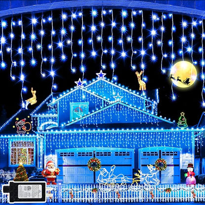 JXLEDAYY Christmas Lights Super Long 1280 LED 131 FT LED String Lights with 240 Drops Plug in 8 Modes Christmas Decoration for Holiday Wedding Party Bedroom Garden Patio Outdoor Indoor (Blue)