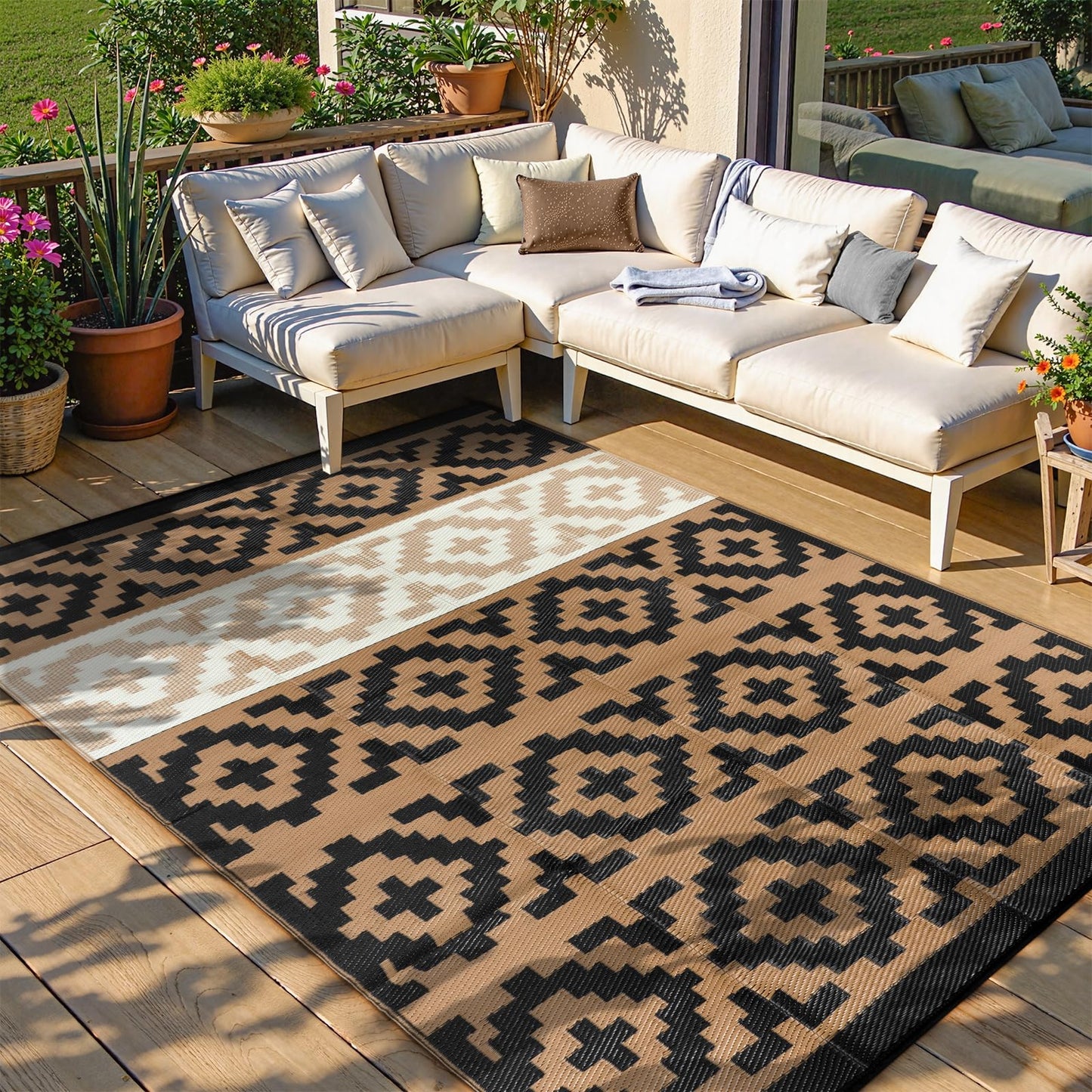 Anidaroel Outdoor Rugs 8x10 for Patios Clearance, Reversible Plastic Straw Outside Rug, Large Outdoor Area Rug RV Camping Mat for Deck, Backyard, Picnic, Beach, Trailer(Black&Brown, 8‘x10')