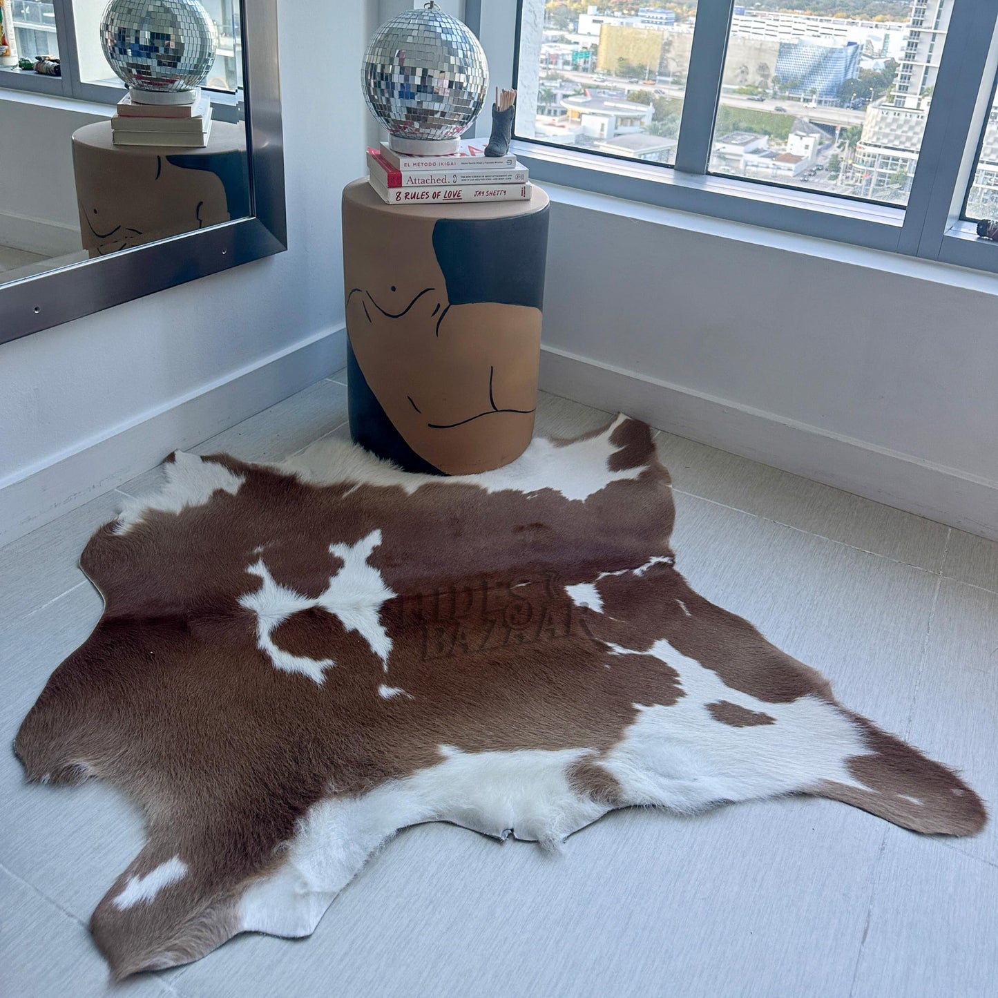 HIDES BAZAAR Calf Skin Brown and White Small Cowhide Rug Premium Cow Rugs for Living Room, Bedroom and Office - Real Cowhide Rug with Brown and White Pattern - Authentic Leather Cow Hide Rugs 3x2 ft