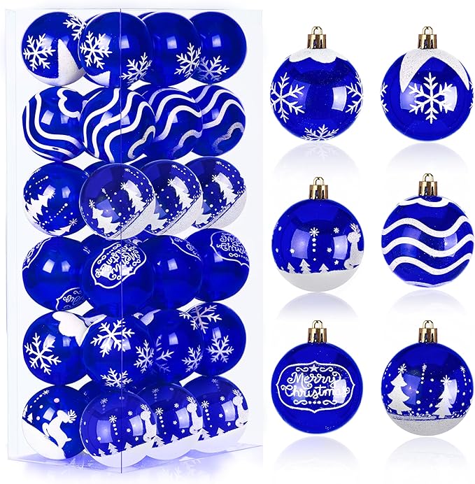 Joiedomi 36 Pcs Blue Christmas Ball Ornaments Set, 2.3" Delicate Painting & Glittering Christmas Tree Ornaments, Shatterproof Xmas Hanging Indoor Decoration for Tree Wreath Holidays Party Supplie