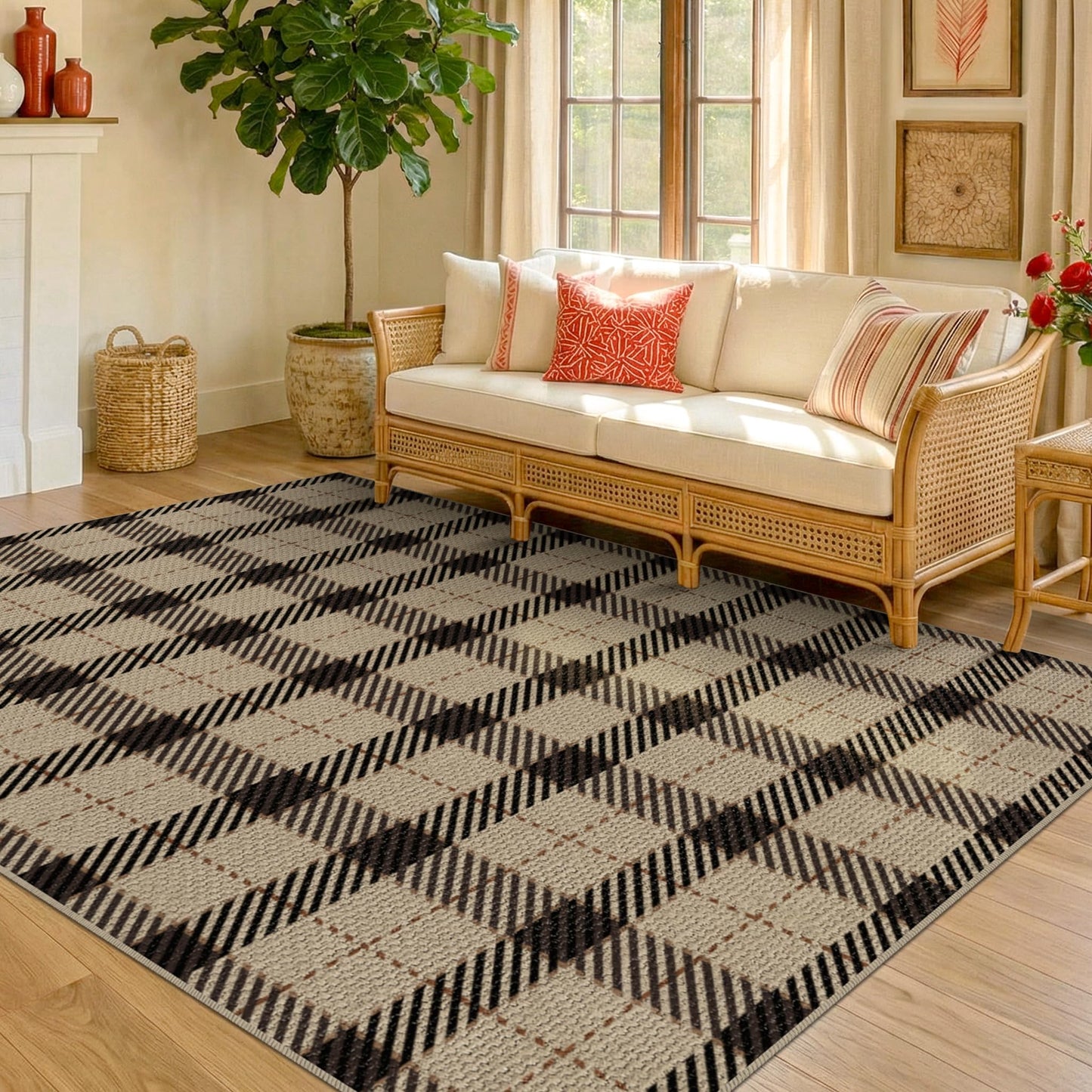 Easy Jute Farmhouse Area Rug 5x7, Washable Indoor Outdoor Plaid Rug, Black and Tan Rustic Woven Non Slip Carpet for Living Room, Entryway, Patio, Bedroom, Under Bed