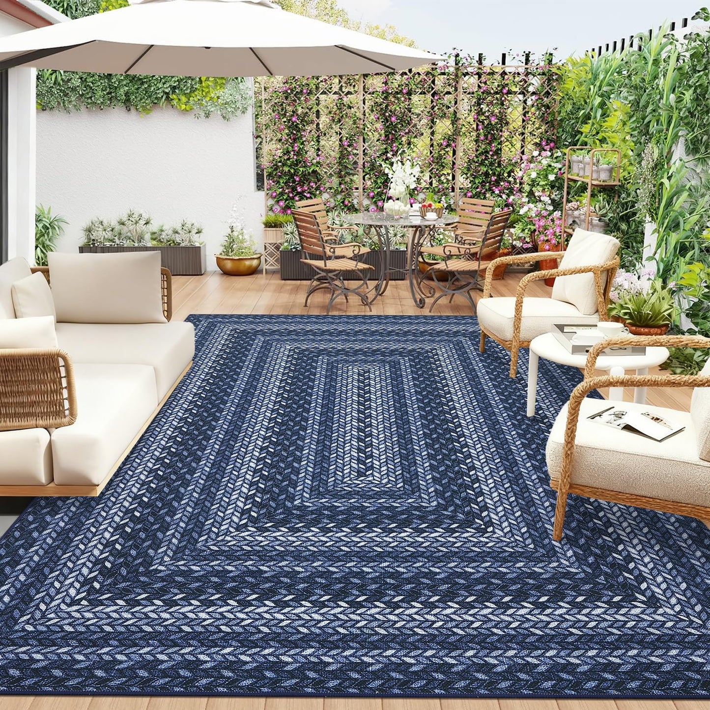 Washable Outdoor Patio 4x6 Area Rug Modern Easy Jute Indoor Outdoor Area Rugs Non Slip Stain Resistant Braided Living Room Throw Carpet Low Pile Easy Jute Rugs for Bedroom Kitchen, Slate/Blue
