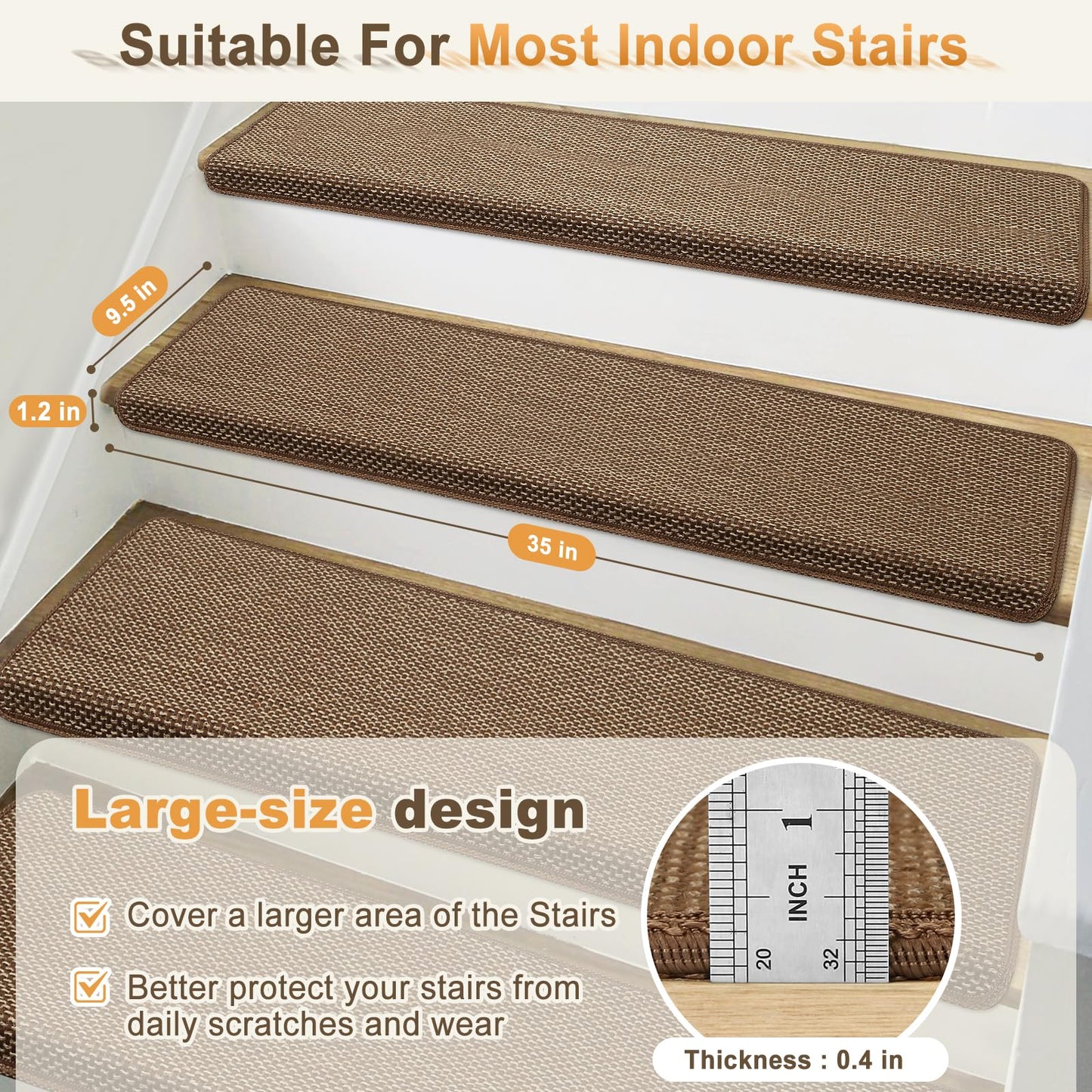 SMILOOL Bullnose Carpet Stair Treads Non Slip for Wooden Steps Indoor, 9.5" x 35" 14 Pieces, Extra Wide Bull Nose Carpet Runners for Wood Stairs, Step Covers, Stair Tread Rugs, Washable, Brown