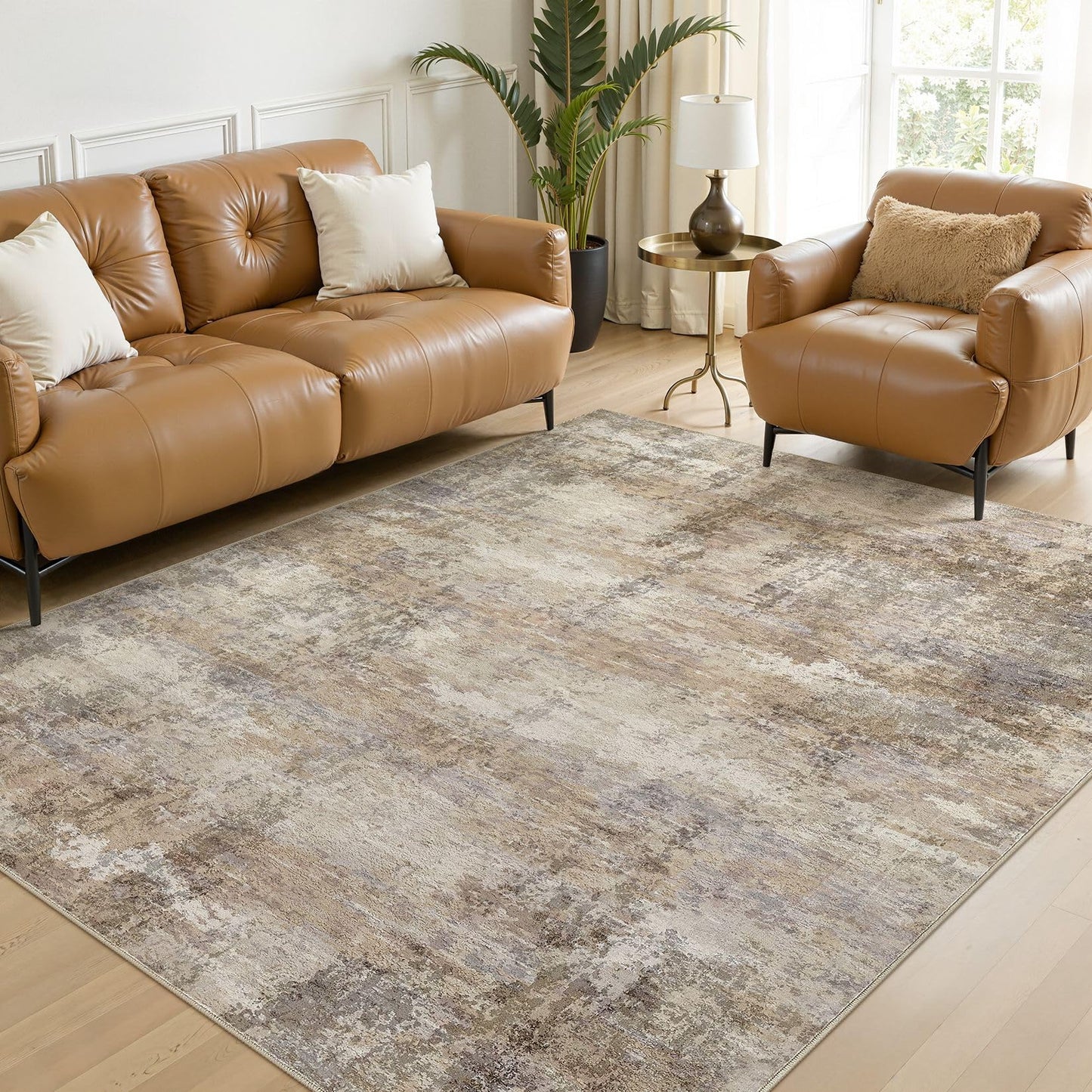 ELLIUNE Area Rugs 5x7 Washable Rug - Brown Rugs for Bedroom Indoor Floor on Slip Soft Living Room, Modern Low Pile Stain Resistant Carpet for Laundry Dining Room Office Home Decor - Dark Brown