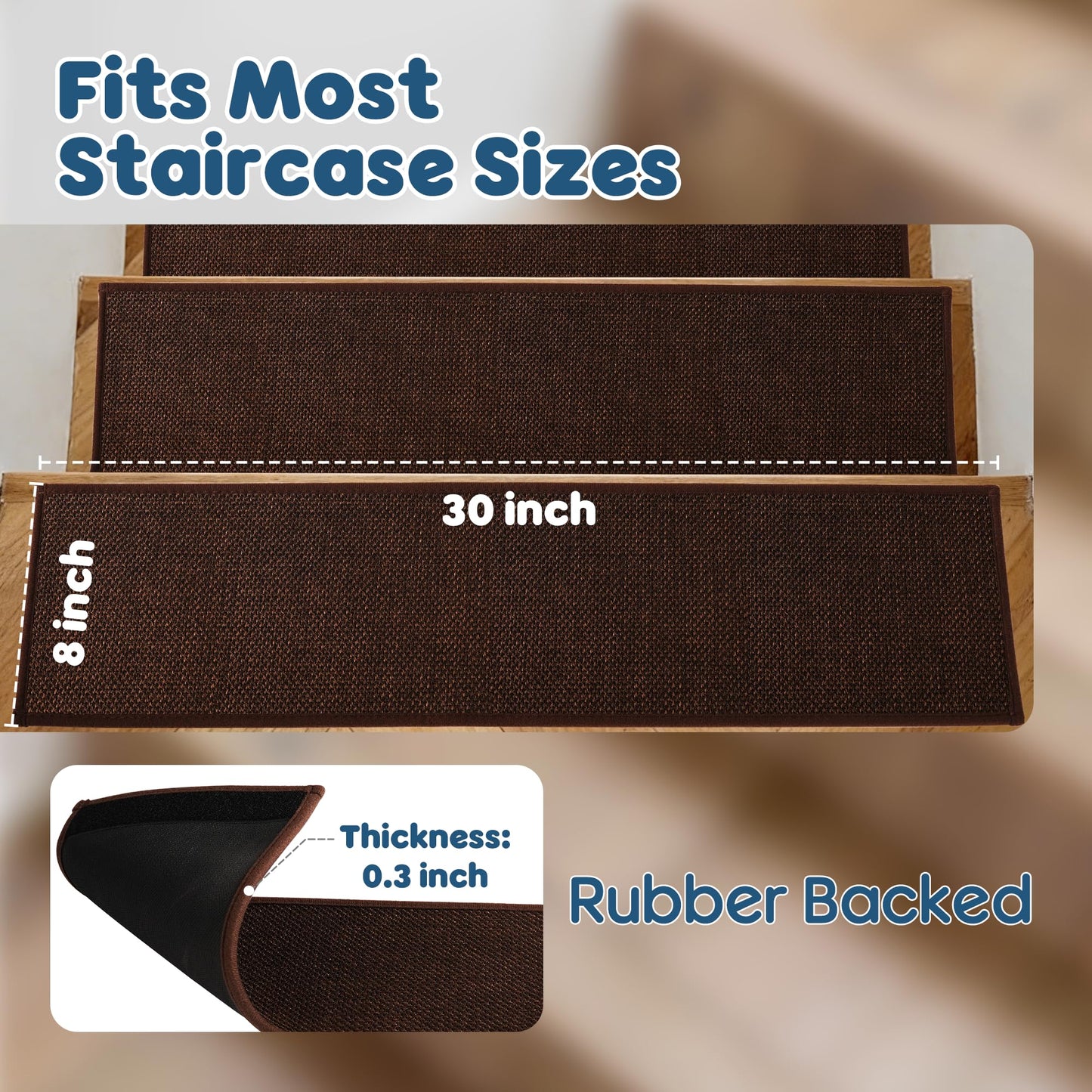 Peel and Stick Self Adhesive Jute Carpet Stair Treads, 15 Pack Rubber Backed Basement Safety Stair Mats, Non Slip Stair Cover Step Pads for Stairs, Deep Brown
