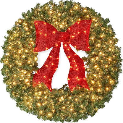 Best Choice Products 24in Large Artificial Pre-Lit Fir Christmas Wreath Holiday Accent Decoration for Door, Mantel w/Red Lighted Bow, 70 LED Lights, 100 PVC Tips, Battery Operated