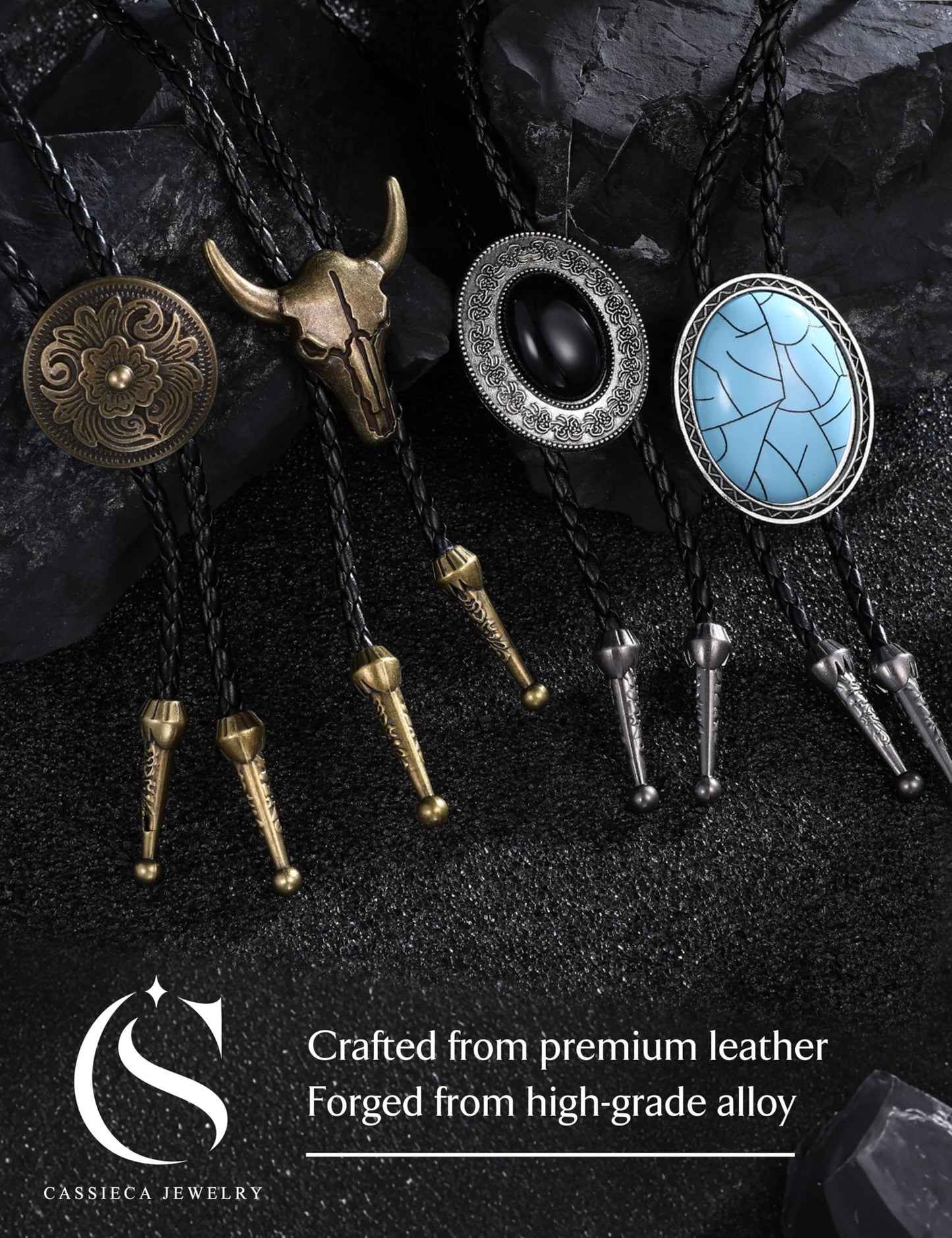CASSIECA 4Pcs Handmade Bolo Tie for Men Western Cowboy Leather Necktie Halloween Costume Accessories for Men Women