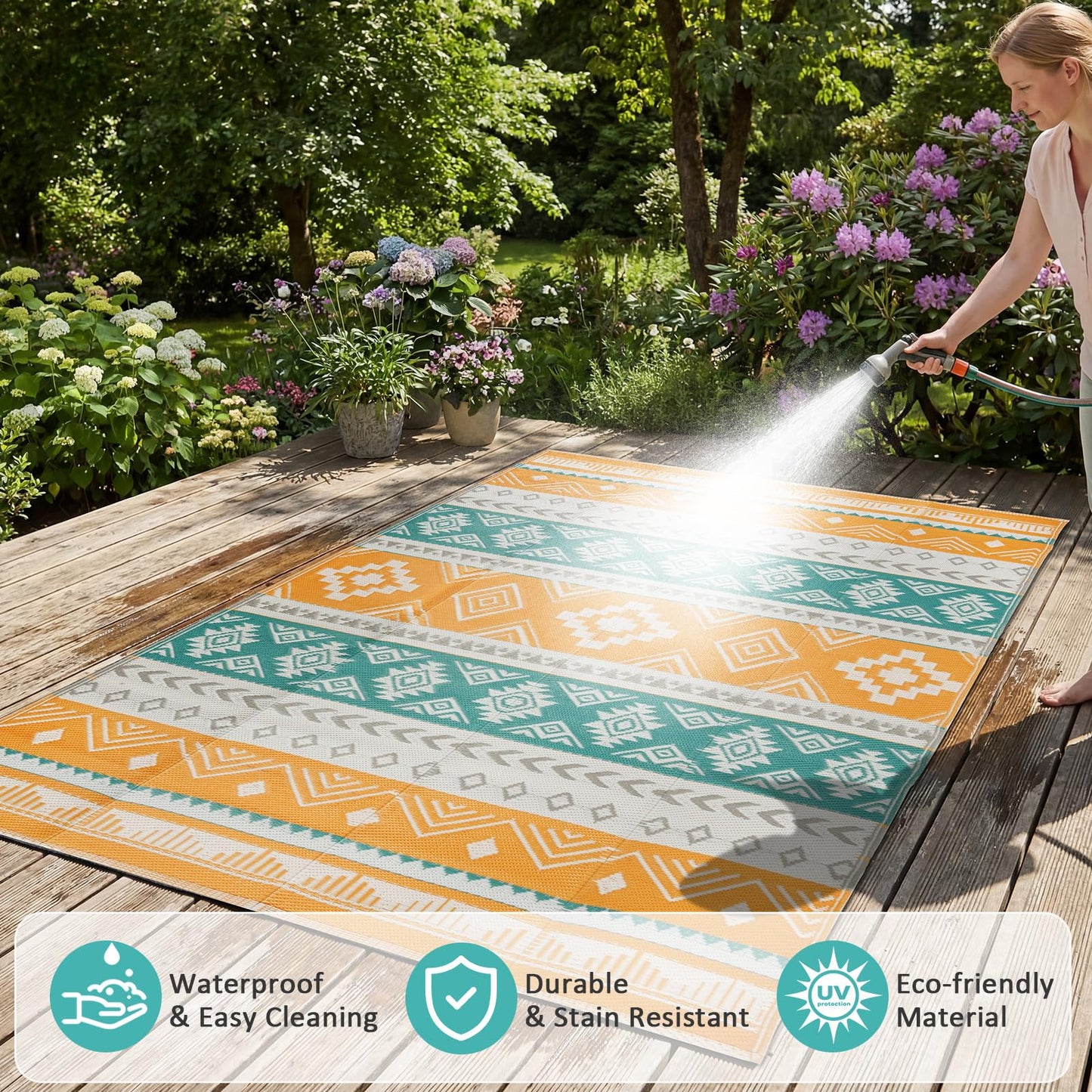 Outdoor Rug 5x8 ft Waterproof Reversible Plastic Straw Patio Camping Rug, Portable Indoor Outdoor RV Mat Carpet for Deck, Camper, Porch, Balcony, Backyard, Picnic, Yellow