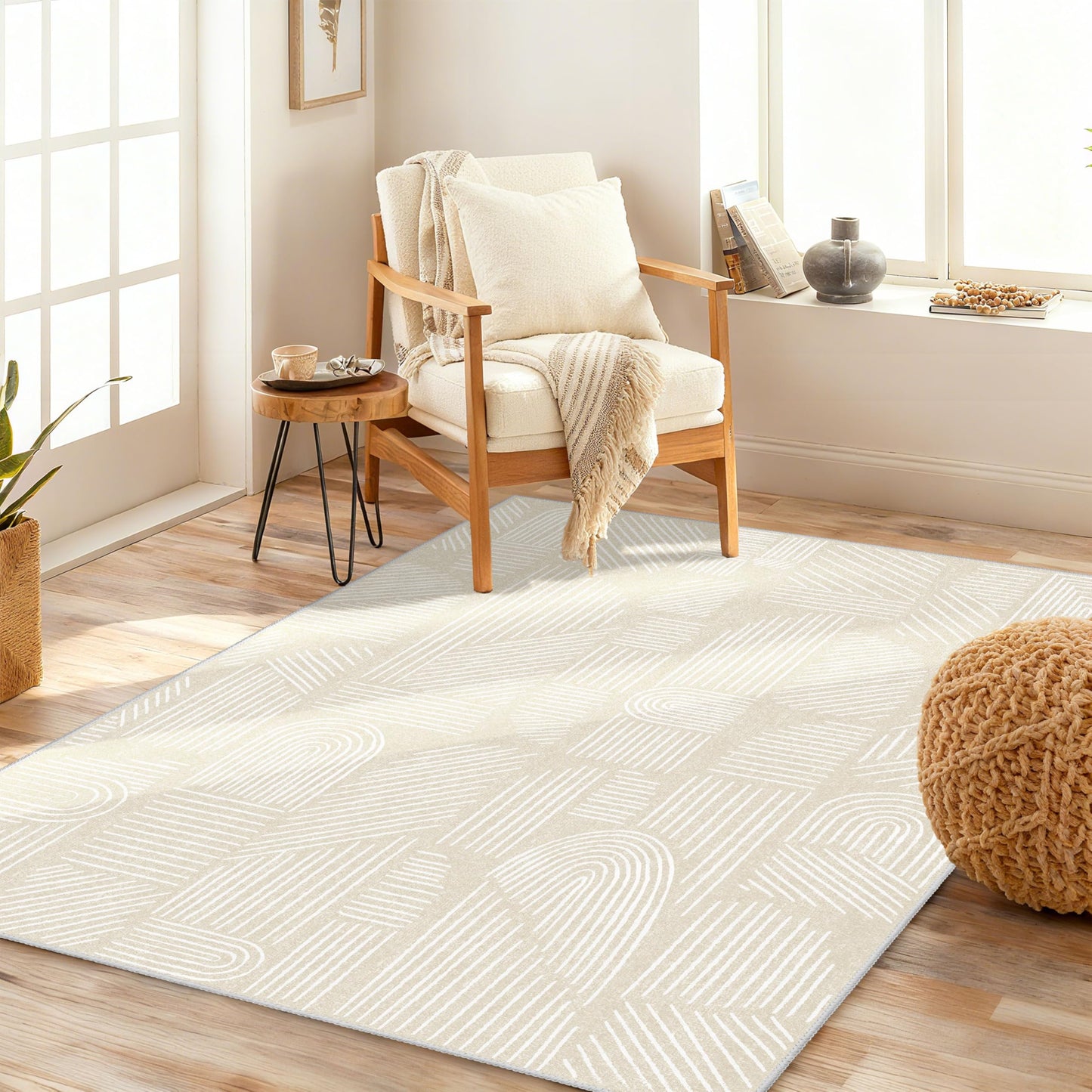 MUJOO 3x5 Washable Rug,Mid Century Modern Abstract Non Slip Low Pile Area Rug,Neutral Beige and White Rug for Living Room Bedroom Entryway