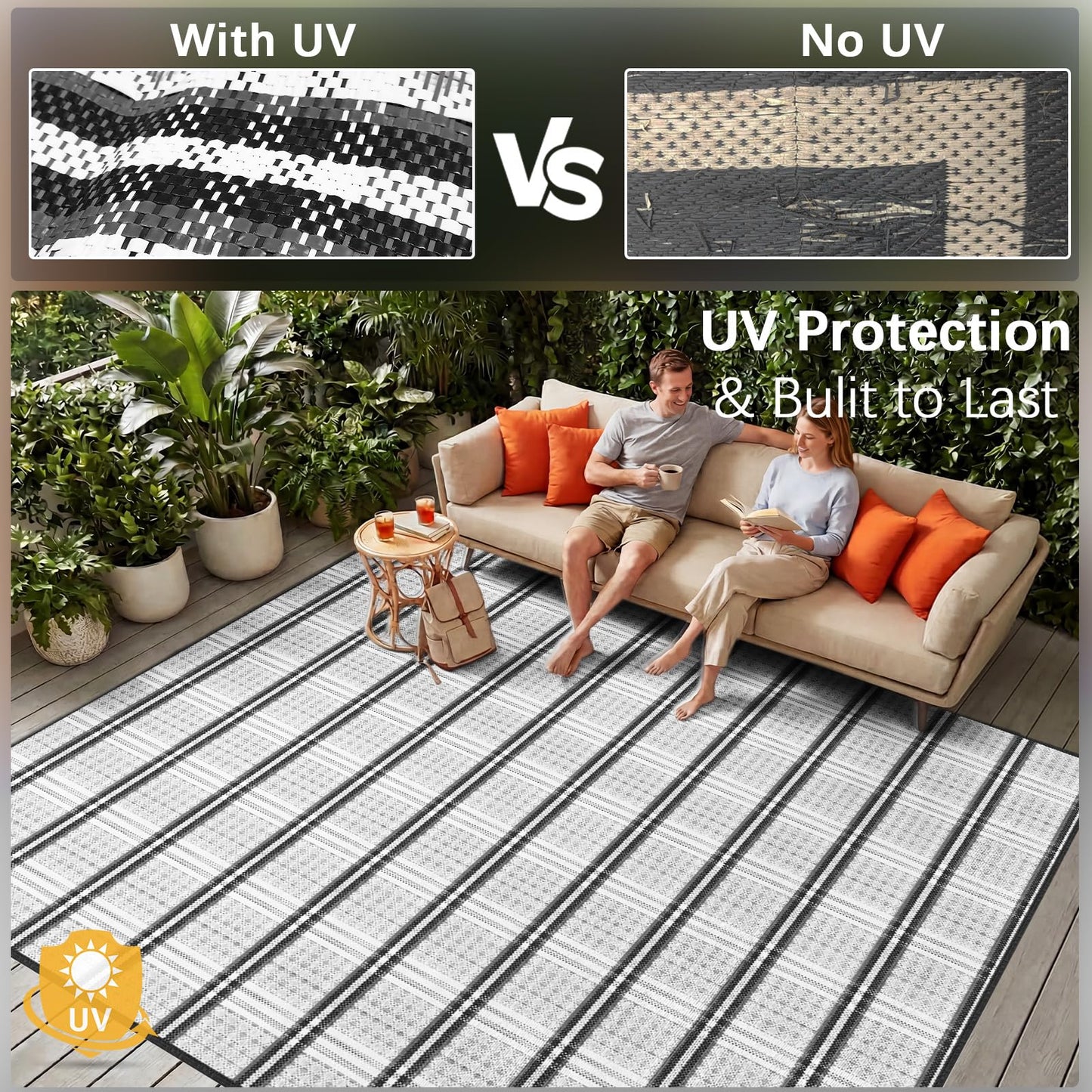 KANAGAWA Outdoor Rug Waterproof, 5x8 ft Reversible Plastic Straw Braid Rug Outdoor Carpet RV Mat for Patio, Porch, Picnic, Balcony, Deck, Backyard, Blue & White