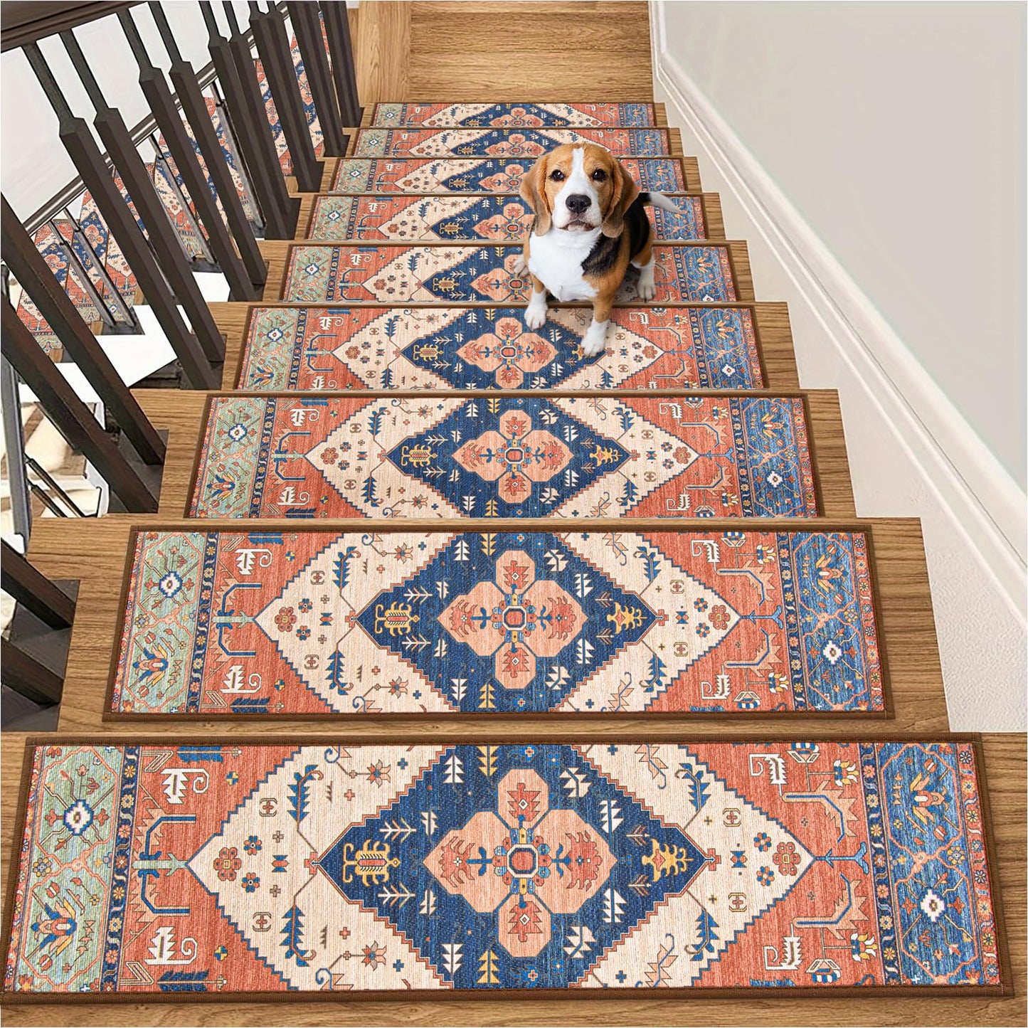 Lahome Stair Treads Non Slip 15 Pack 8" X 30" Stair Treads for Wooden Steps, Washable Self Adhesive Stair Runners Stain Resistant Stair Carpet, Edging Stair Rug for Kids, Elders and Dogs Dorie, Rust