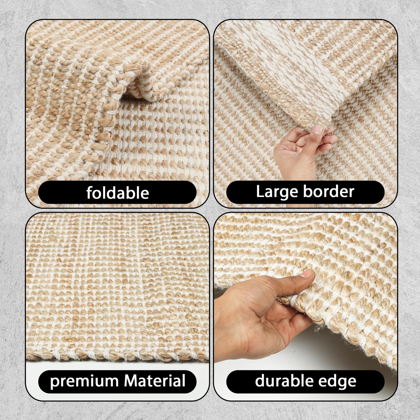 RUSVILLA 10x14 feet Natural Jute & Wool Area Rug,– Handwoven Mini Check Natural Fiber Rug with 4" Border, Neutral Boho Farmhouse Rug for Living Room,Dining Room,Bedroom | 0.6" Pile (10' x 14')