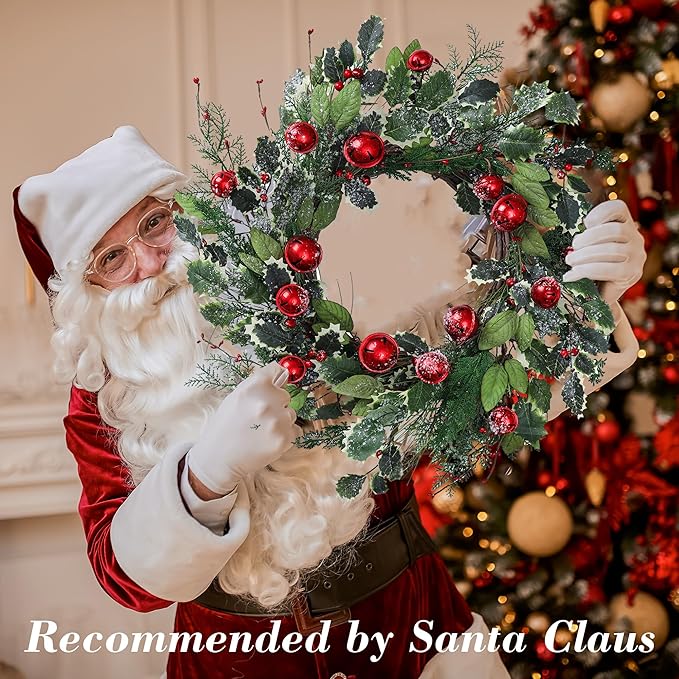 YNYLCHMX 20 Inch Winter Wreath for Front Door, Winter Wreaths with Pine Needles Holly Red Bells, Artificial Door Snowy Wreaths for Outdoor Indoor Reef Farmhouse Windows Wall Holiday Decoration