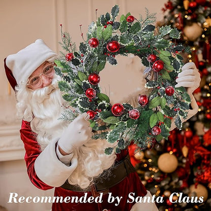 YNYLCHMX 20 Inch Winter Wreath for Front Door, Winter Wreaths with Pine Needles Holly Red Bells, Artificial Door Snowy Wreaths for Outdoor Indoor Reef Farmhouse Windows Wall Holiday Decoration