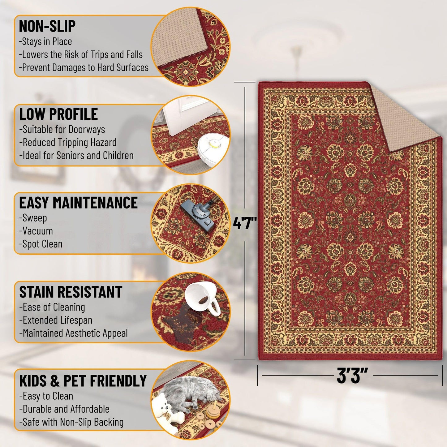 Ottomanson 3'3" x 4'7" Rugs for Living Room Oriental Area Rug for Bedroom - Non Slip Durable Large Floor Carpet for High Traffic Areas - Indoor Rug for Dining Room Kitchen Kids Playroom, Red