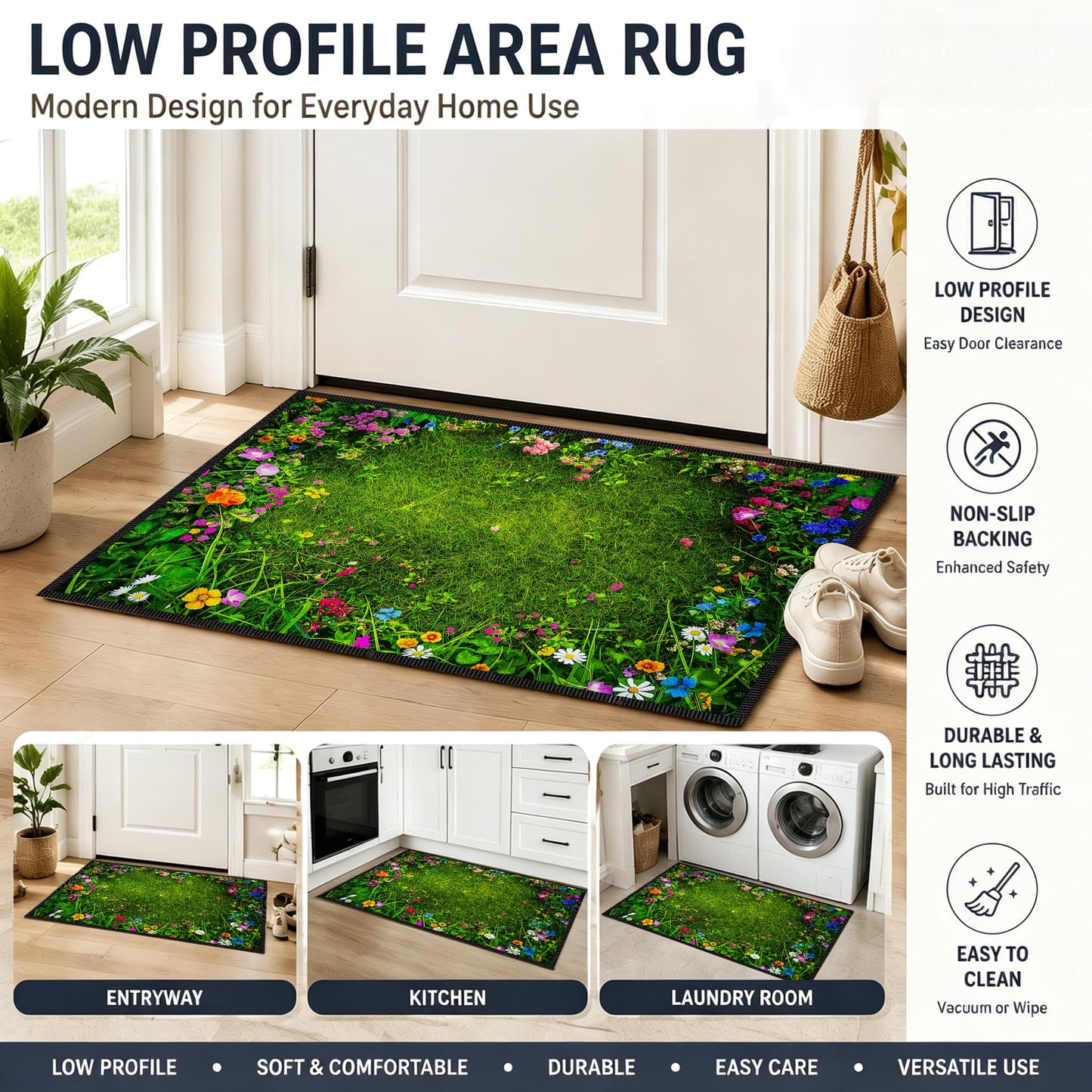 Green Grass Wildflower Door Mat for Indoor Entryway, 23.62 x 15.75 in Durable Faux Cashmere Polyester Rug, Non Slip Welcome Mat for Front Door Bathroom Kitchen