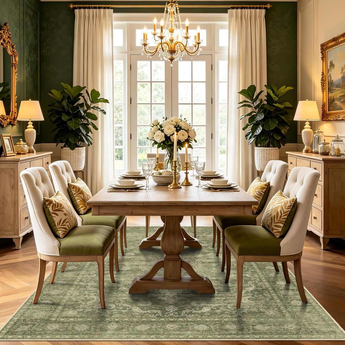 TTelephant Washable Rugs 5x7, Vintage Medallion Carpet for Bedroom, Living Room and Dining Room, Low Pile Sage Green Rug with Non-Slip Silicone Backing, Non-Shedding Stain Resistant