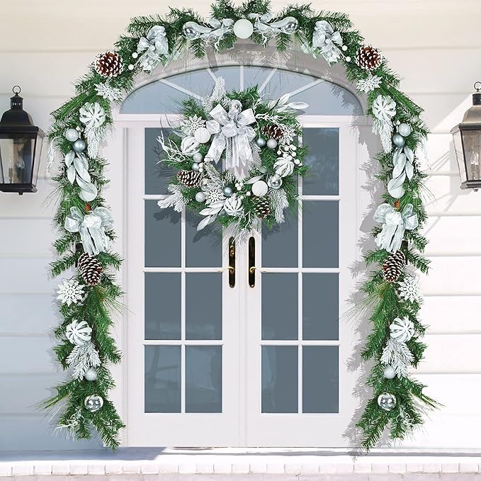 Christmas Wreath for Front Door, 24 Inch Outdoor Christmas Wreath, Battery Operated Xmas Wreath with Silver White Ball Ornaments Bows and 20 LED Lights for Home Holiday Decor