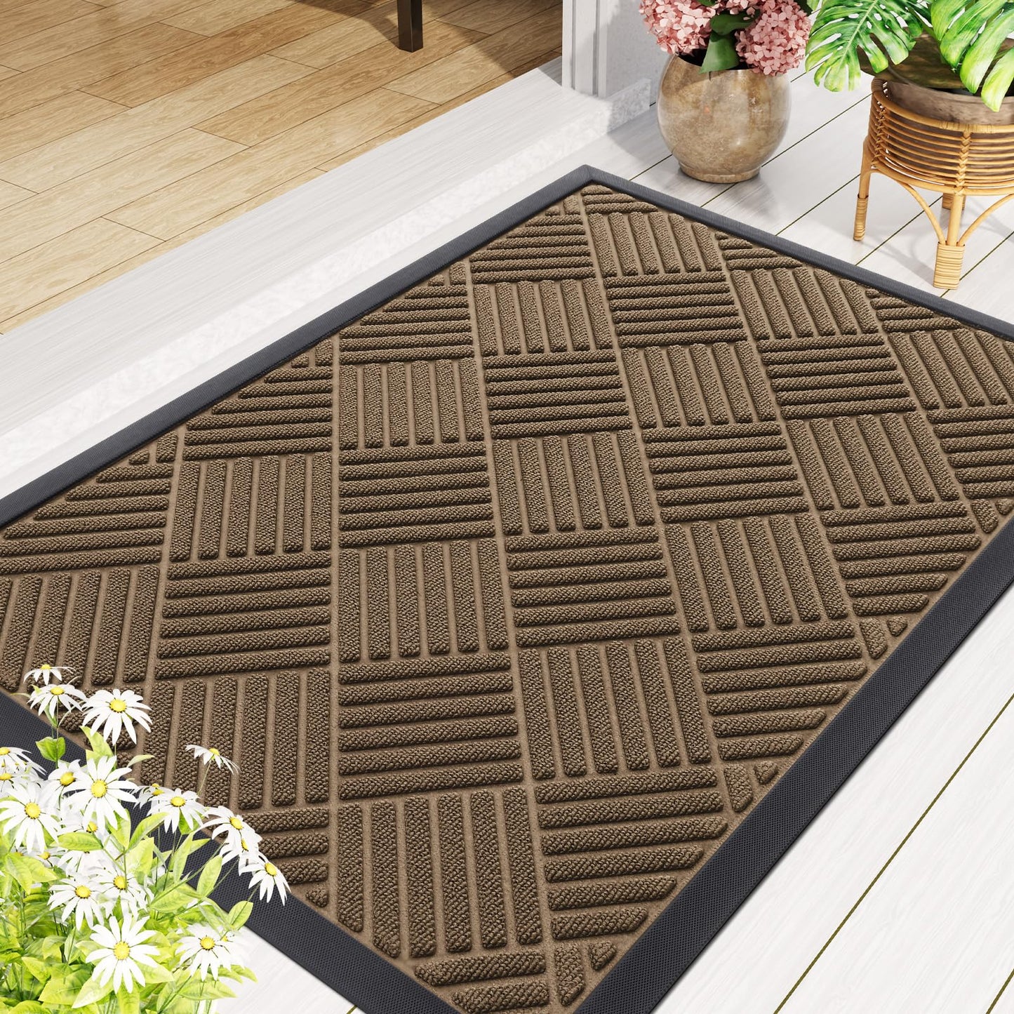 Smiry Front Door Mat Outside Entrance, Heavy Duty Outdoor Indoor Natural Rubber Doormat, Non Slip, Trap Dirt and Moisture, Easy Clean, Low Profile Patio Porch Entryway Mat, 35x23, Brown