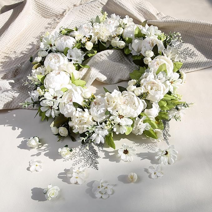 Peony Wreath 23" Floral Artificial Wreath for Front Door Wall Decor Home Décor Festival Celebration Wedding Party New Owners Seasonal Decoration Housewarming Gifts EZsenses (White)