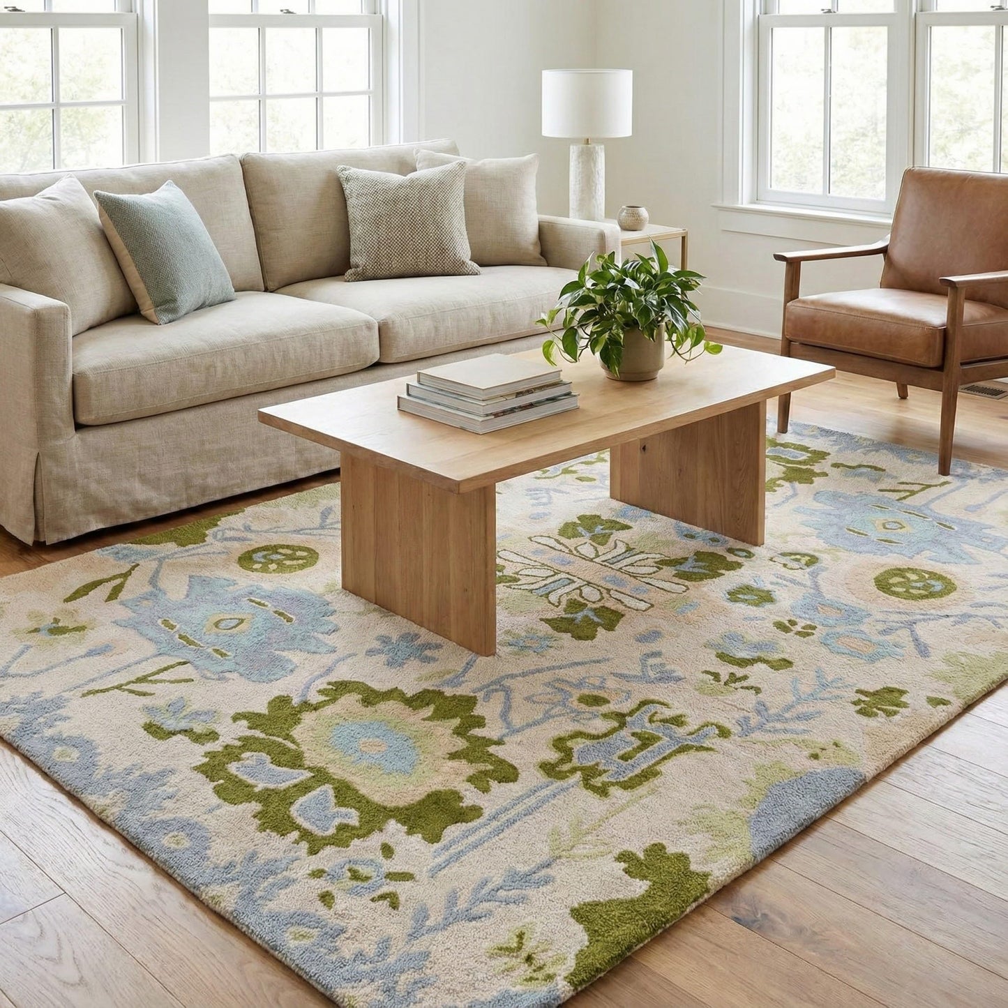 Handmade Oushak Wool Area Rug | Floral and Botanical Patterns in Soft Blue and Green | Luxurious Thick Pile for Living Room, Bedroom & Dining Room Decor (Blue & Green, 4' x 6')