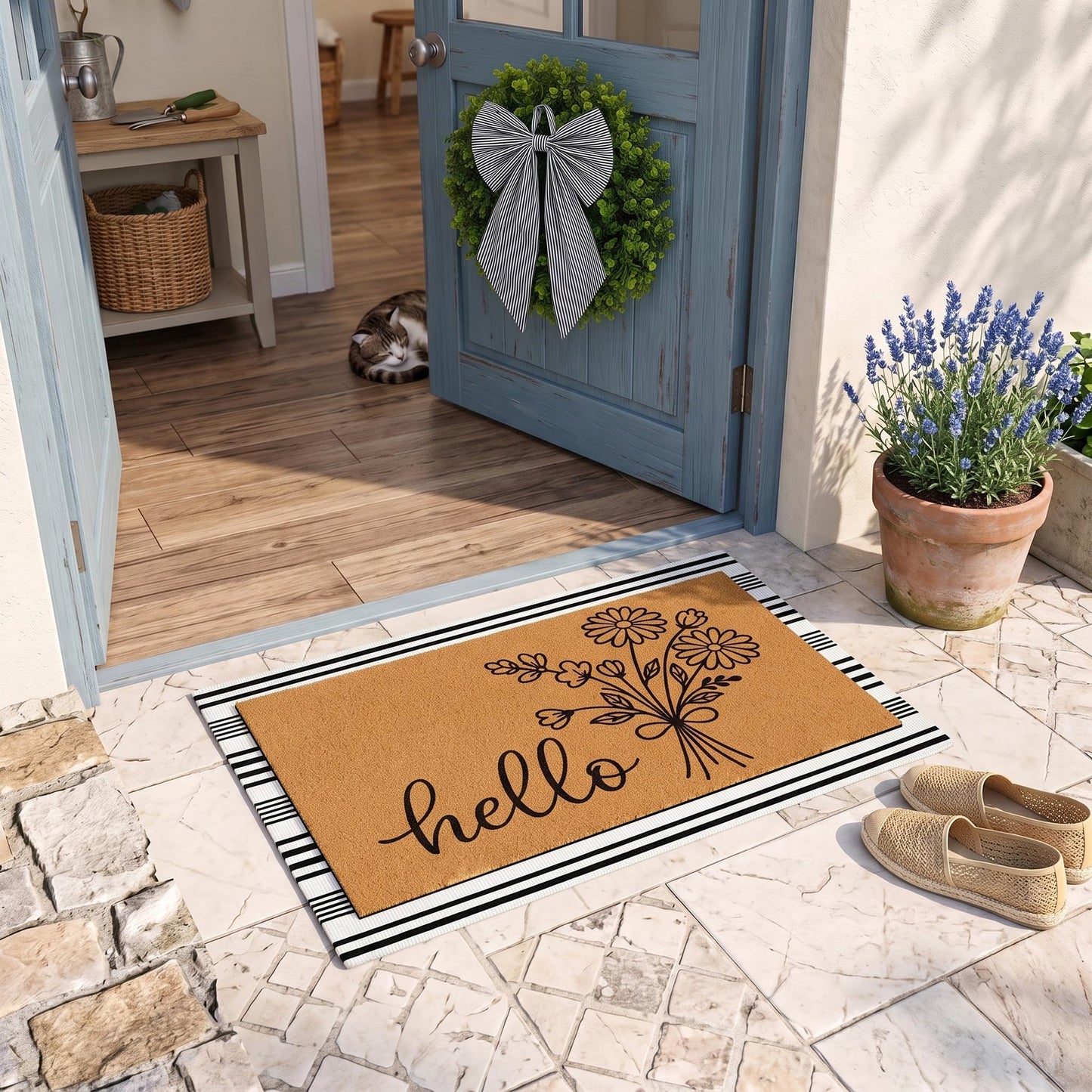 Britimes 3 Pcs Floral Hello Front Door Mat and Wreath Set Faux Coir Doormat Black and White Striped Layering Rug and 19" Greenery Wreath with Bow Outside Decor for Porch