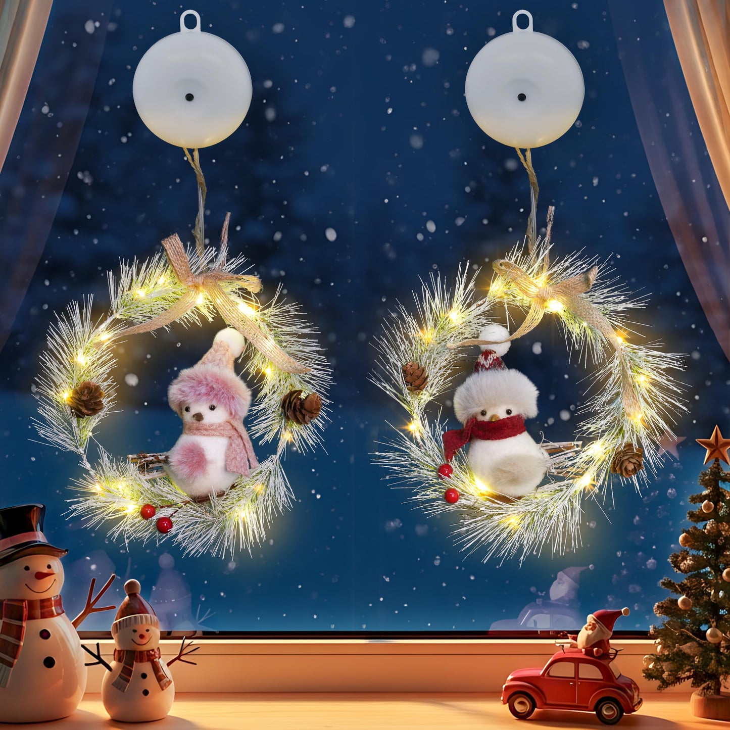 suddus 2 Pack Christmas Window Lights with Suction Cup- Battery Operated Wreath String Lights Indoor with Timer, Christmas Decorations for Home, Window, Door, Wall,Staircase,Gift,Tree Indoor