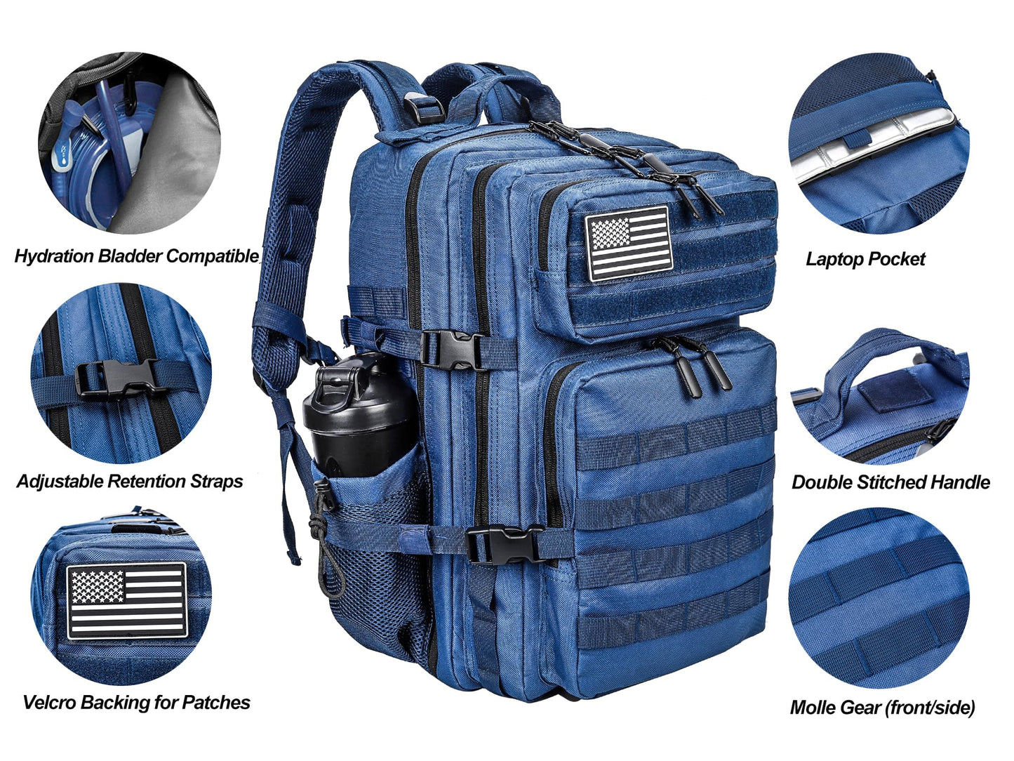 LHI Military Tactical Backpack for Men and Women 45L Army 3 Days Assault Pack Bag Large Rucksack with Molle System - Blue