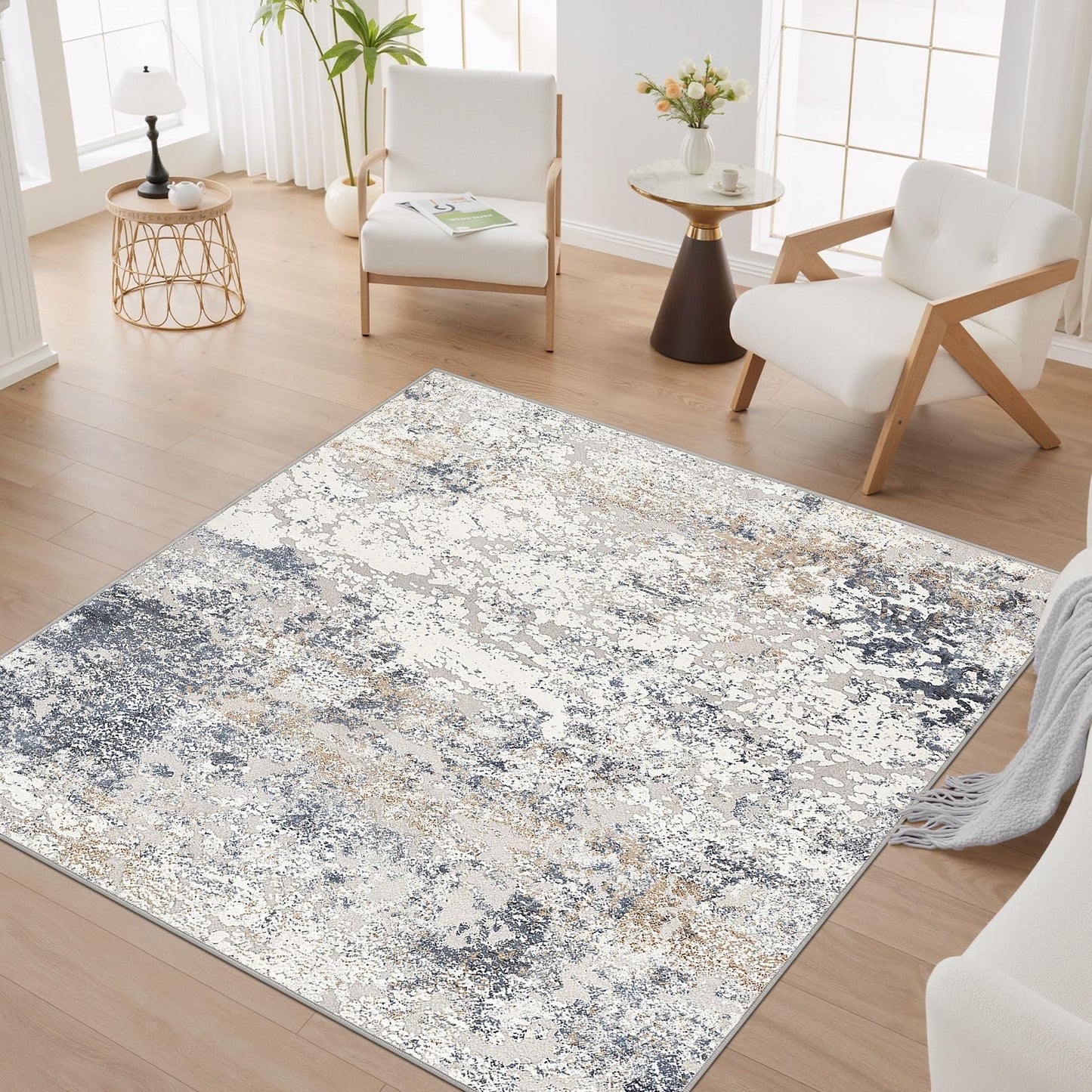 DMOYEST Square Area Rug Living Room Rugs - 6x6 Washable Large Soft Indoor Neutral Modern Abstract Low Pile Rug Carpet for Bedroom Dining Room Farmhouse Home Office - Beige Blue