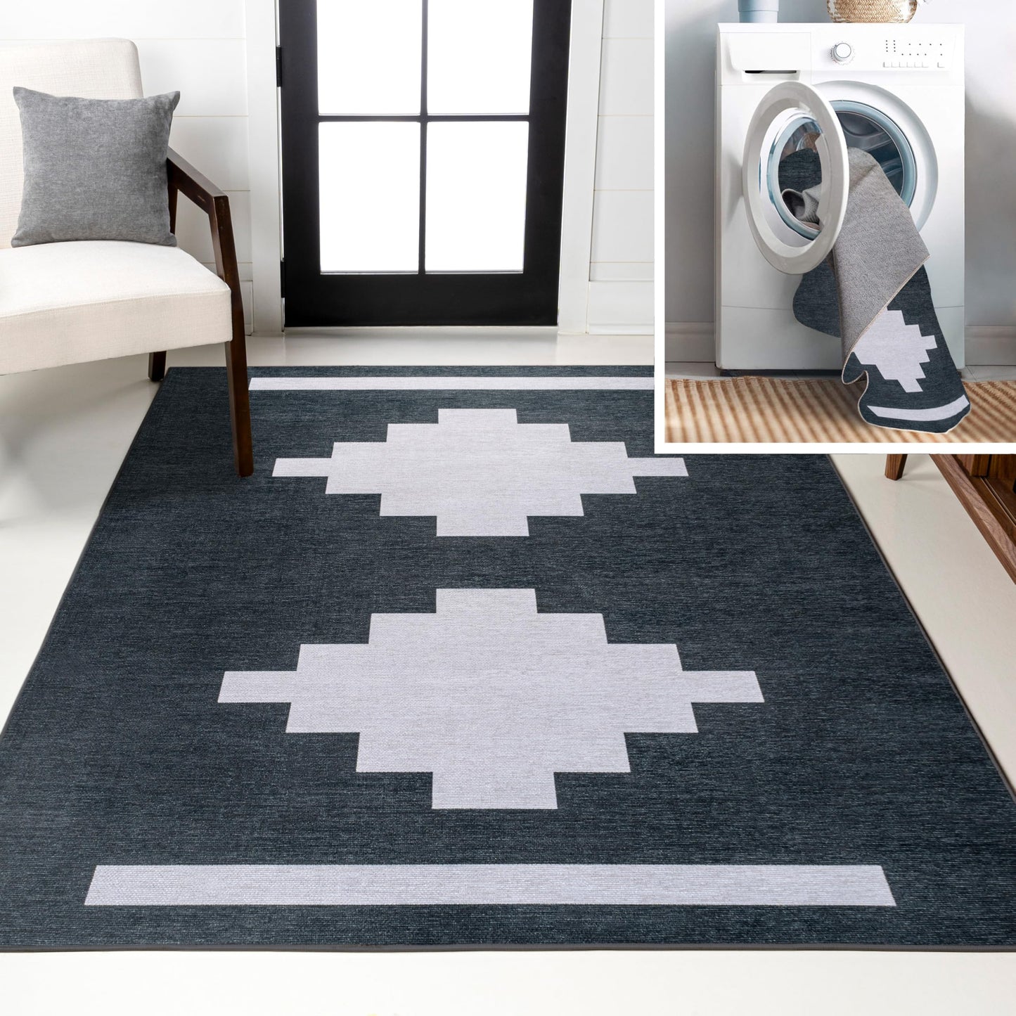 JONATHAN Y Machine Washable Indoor Area Rug 4X6 Navy/Light Gray, Adriel Geometric Medallion for Living Room, Bedroom, Kitchen, Office, Easy-Cleaning, Pet-Friendly, Non-Shedding WSH111B-4