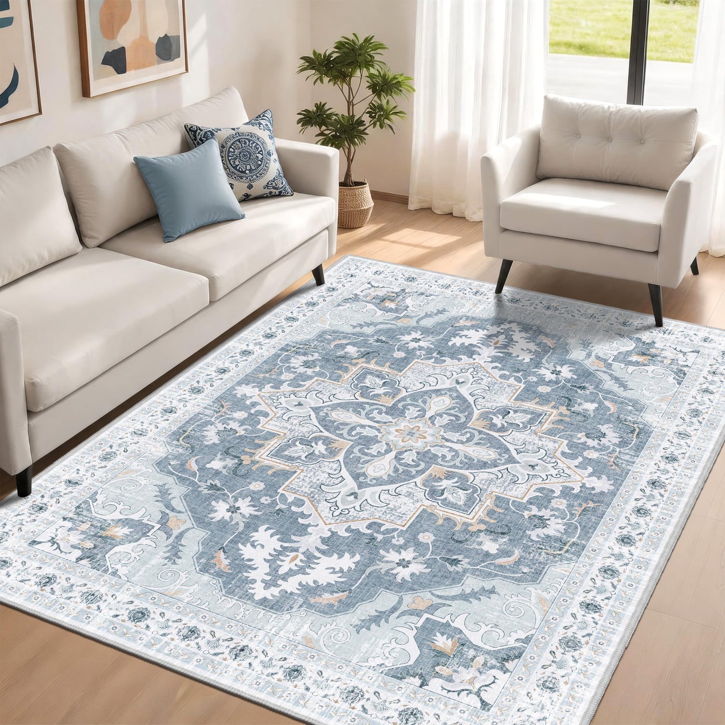 TTelephant 4x6 Area Rug, Soft Non-Slip Vintage Medallion Rug, Low-Pile Printed Indoor Washable Area Rugs for Living Room, Bedroom Bedside, Entryway, Kitchen -Blue/Gray
