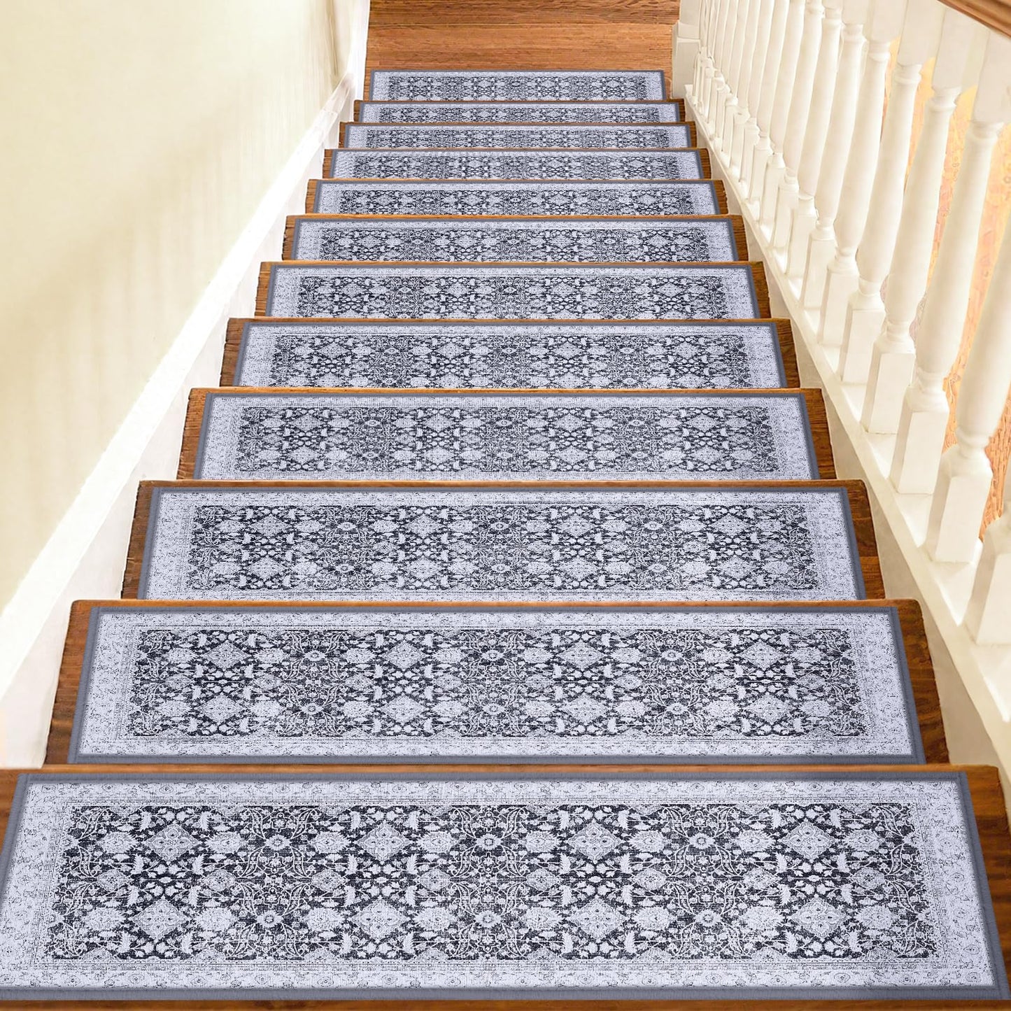Non Slip Stair Treads for Wooden Steps Indoor, Grey, 15pcs, 30"X8", Soft Carpet Mat, Machine Washable Boho Carpet Treads with Reusable Adhesive Backing, Safety Stair Tread for Dogs, Kids, Elders