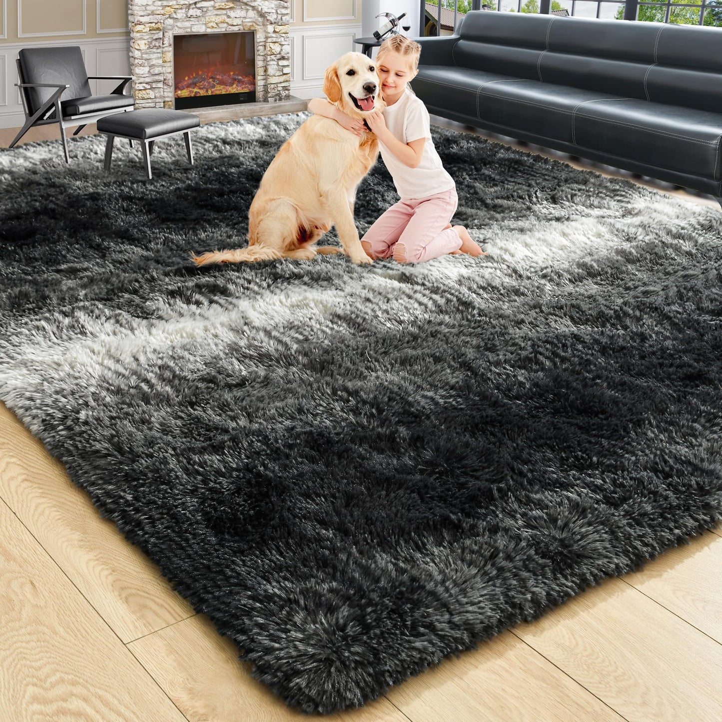 4x6 Black and White Area Rug for Bedroom Living Room Dining Room, Fluffy Shag Soft Plush Furry Carpet, Non-Slip Indoor Floor Mat for Kids Home Decor