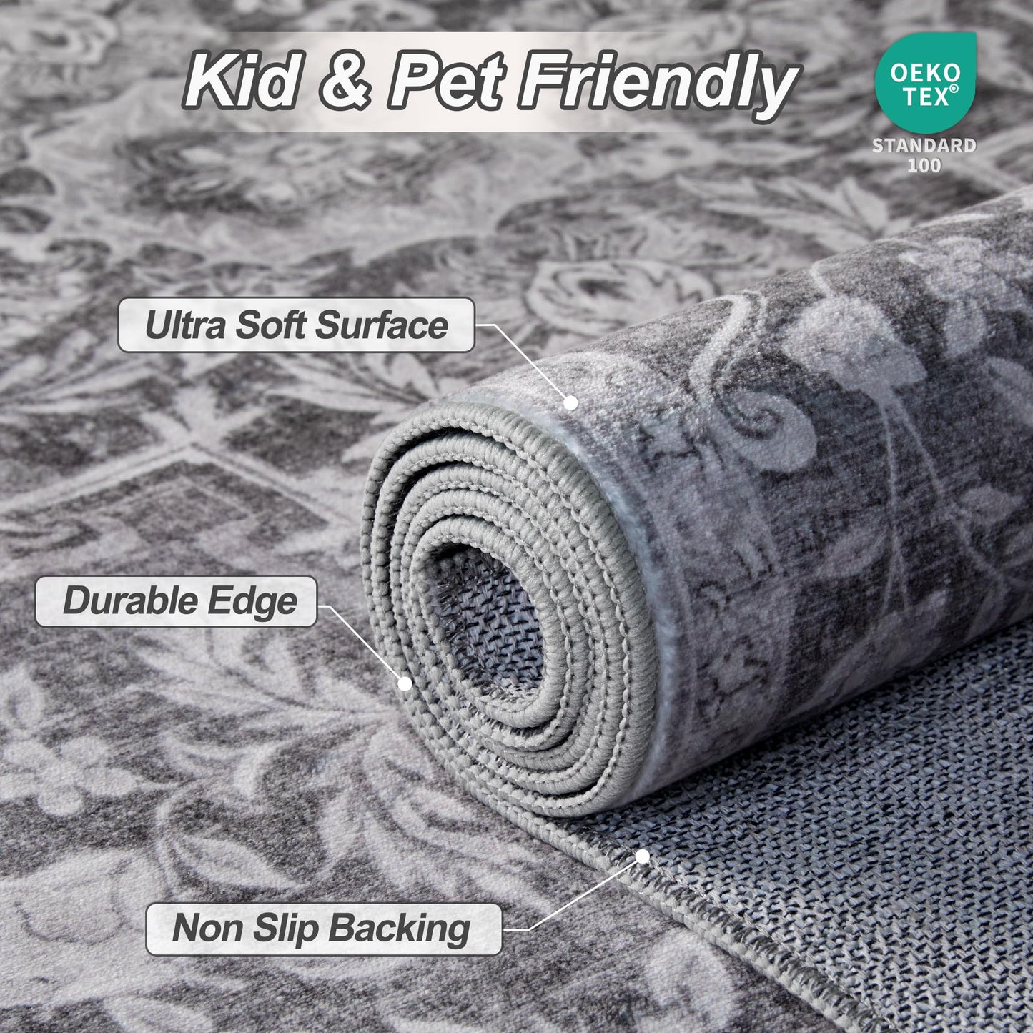Ciicool 3x5 Washable Grey Rug Boho Floral Non-Slip Bedroom Rugs for Entryway Throw Rug Soft Low-Pile Indoor Floor Carpet for Living Room Laundry Foyer Decor