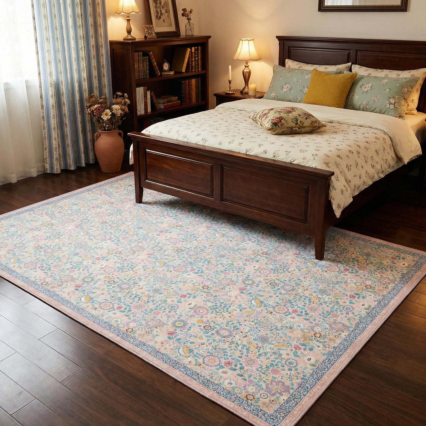 Clemile Floral Area Rug 5x7 - Washable Ultra-Thin Living Room Rug Non-Slip Carpets - Soft & Stain Resistant Rug for Kitchen Bedroom Dining Room Indoor Colorful Pink