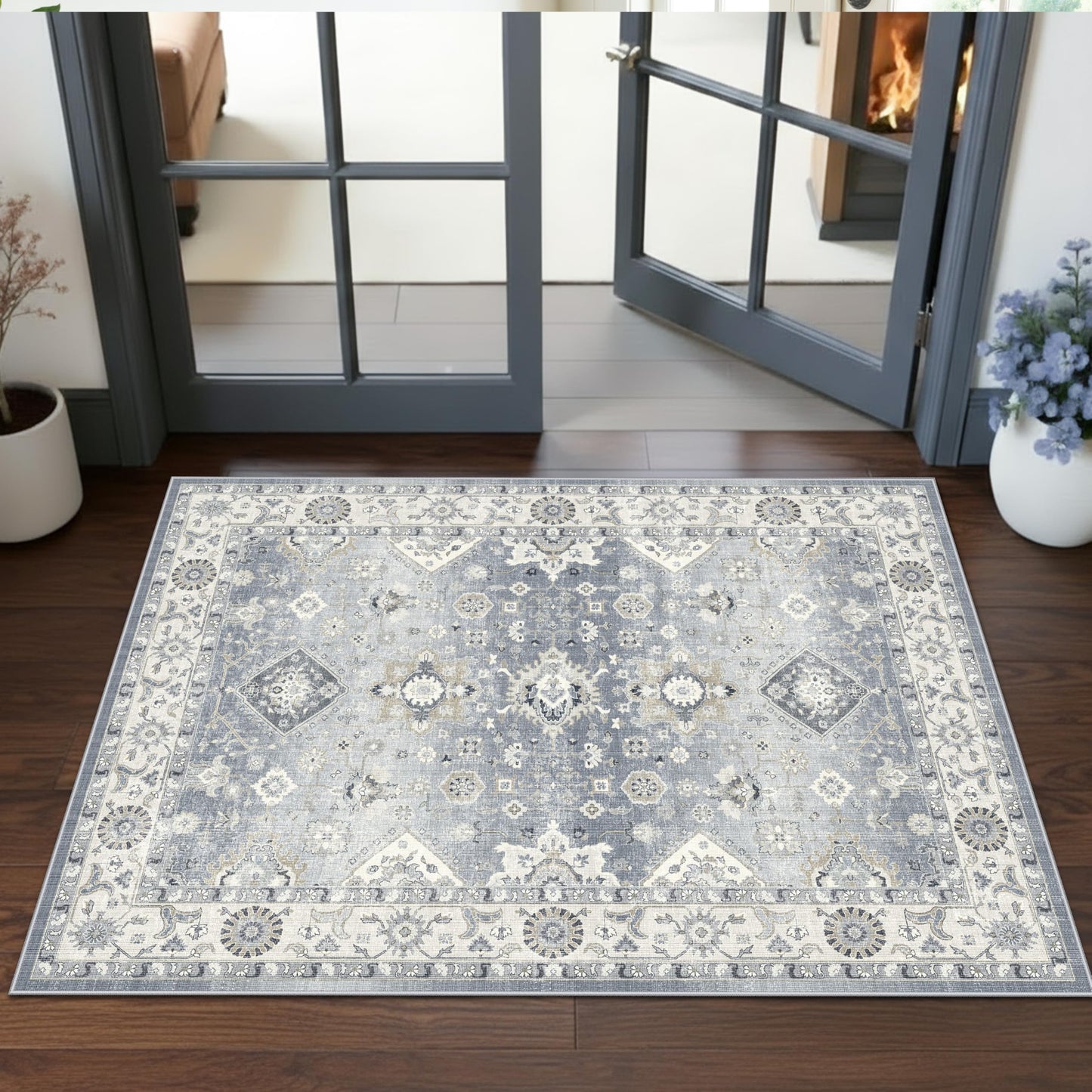 Washable Hallway 3x4 Floor Mats: Farmhouse Non-Slip Kitchen Sink Area Rug Water-Resistant Small Carpet for Living Room Bathroom Thin Soft Doormat Easy-Clean Decorative Rug for Pets Family(3x4,Grey)