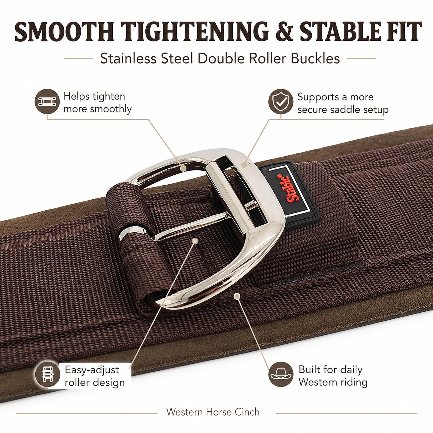BARN & STABLE Western Horse Cinch with Stainless Steel Double Roller Buckles, Anti-Slip Terry Lining, Comfortable Western Saddle Girth for Stable Saddle Fit, Trail Riding and Ranch Work