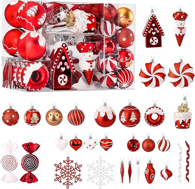 SHareconn 86pcs Christmas Tree Balls Ornaments, Shatterproof Plastic Decorative Baubles for Christmas Tree Decorations, Holiday Wedding Party Decoration, Festive Ornaments, Red White