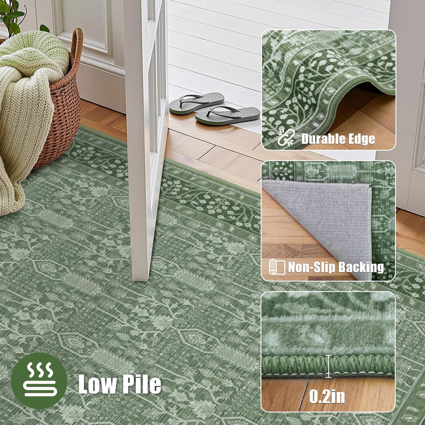 Deerly Boho Area Rug 4x6 Vintage, Thin Low Pile Soft Carpet with Non-Slip Backing Machine Washable Easy Clean Rugs for Kitchen Living Room Bedroom Dorm Laundry, 4x6ft Green
