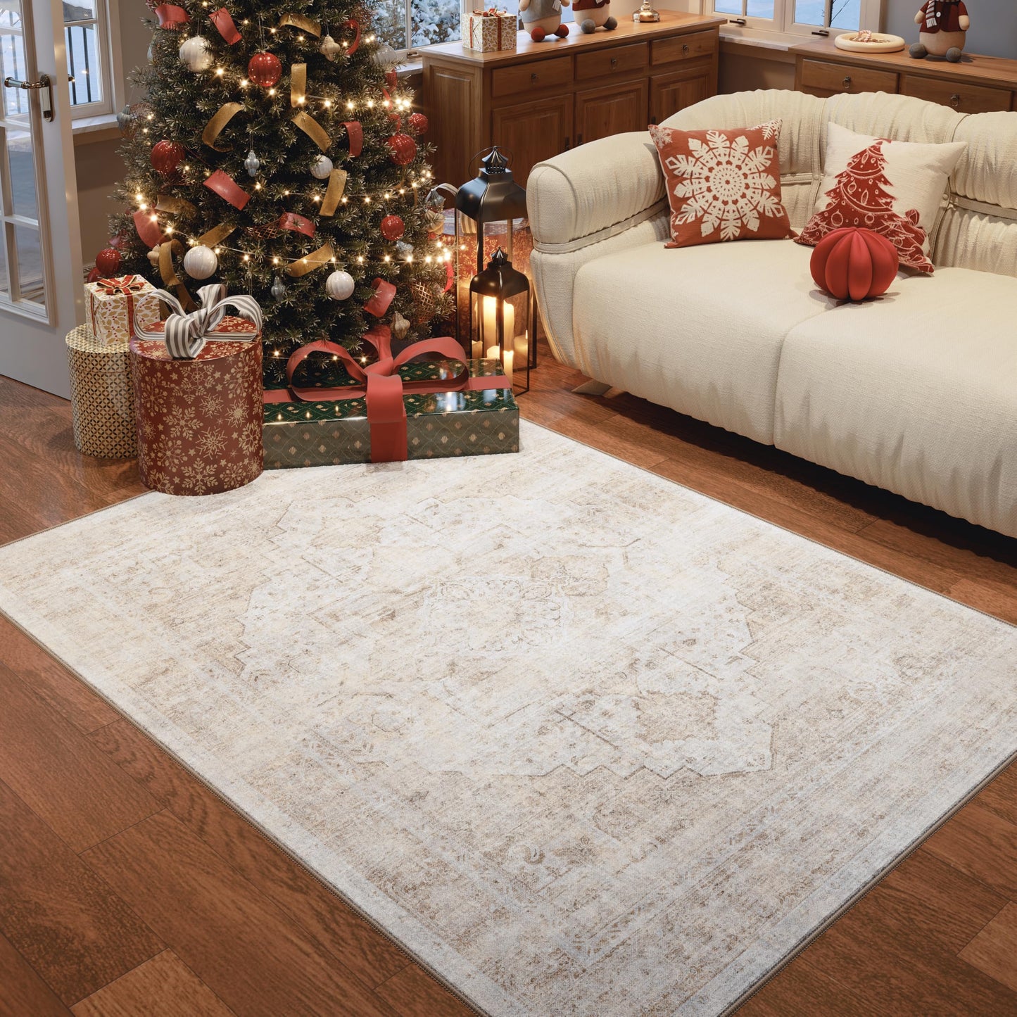 5x7 Washable Vintage Area Rug - Distressed Medallion Rugs Non-Slip Soft Stain Resistant Carpets for Living Room Bedroom Playroom Dining Room Office, Beige