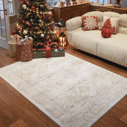 5x7 Washable Vintage Area Rug - Distressed Medallion Rugs Non-Slip Soft Stain Resistant Carpets for Living Room Bedroom Playroom Dining Room Office, Beige