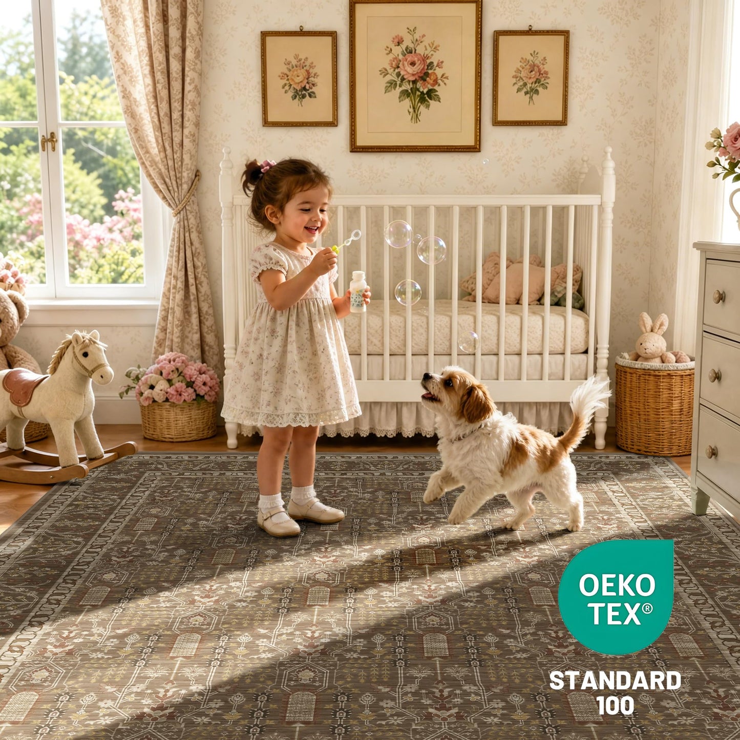 Deerly 5x7 Area Rugs Living Room, Low Pile Ultra Soft Rugs with Non-Slip Backing Machine Washable Vinatge Boho Carpet for Bedroom Playroom Nurseryroom, Kid & Pet Friendly Print Floor Brown Rug 5x7ft